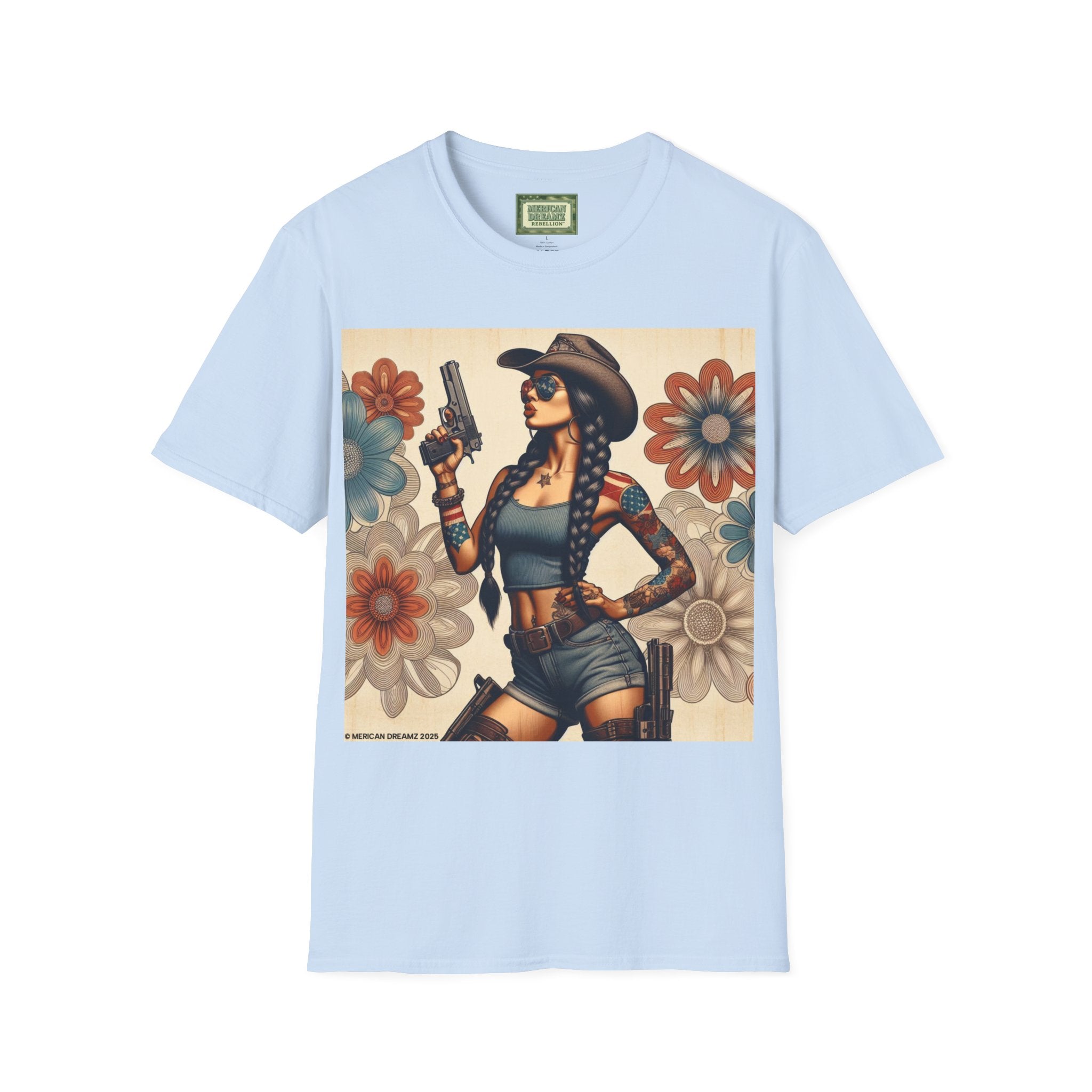 Pin-Up Americana T-Shirt — Retro Floral Gun Cowgirl Vintage Style (US Only)