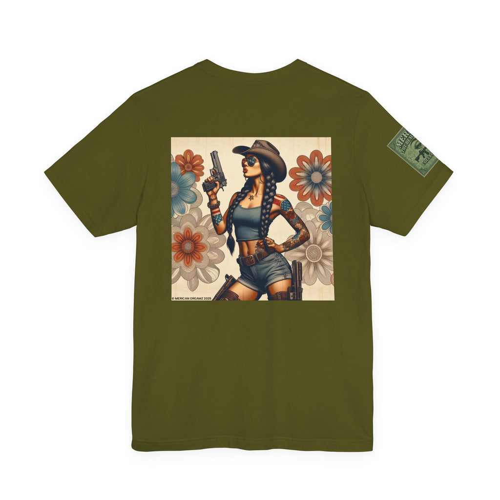 Graphic Short Sleeve Tee front and back — Retro Americana Pin-Up Cowgirls with 9mm Pistols