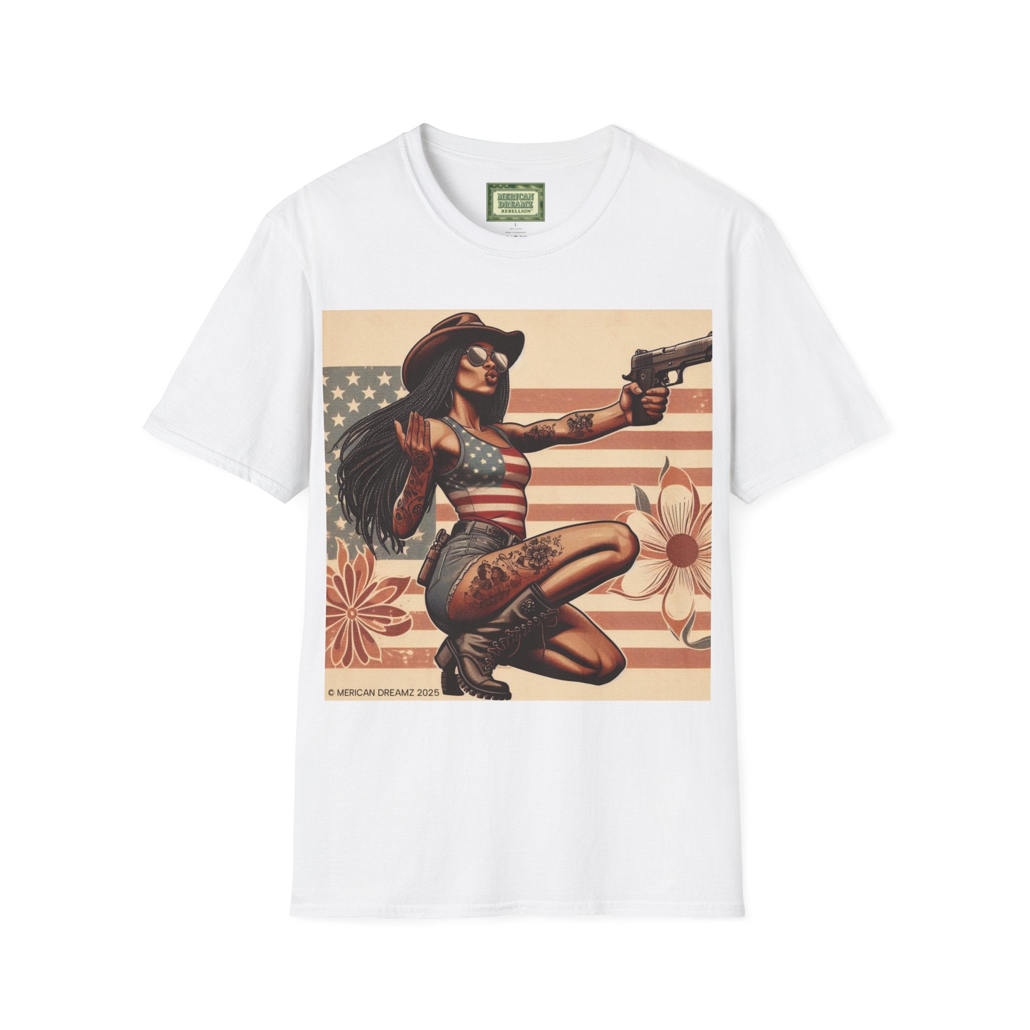 Pin-Up Americana T-Shirt — Retro Floral Gun Cowgirl Vintage Style (US Only)