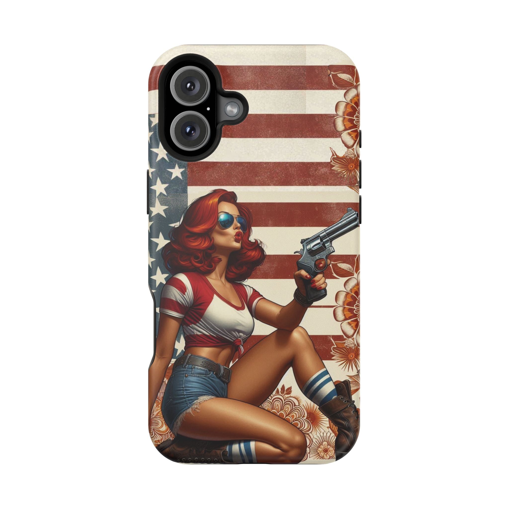 Americana .44 Magnum Pinup Girl - Magnetic Impact‑Resistant Phone Case  iPhone 13-17 / Samsung S26  MagSafe Compatible