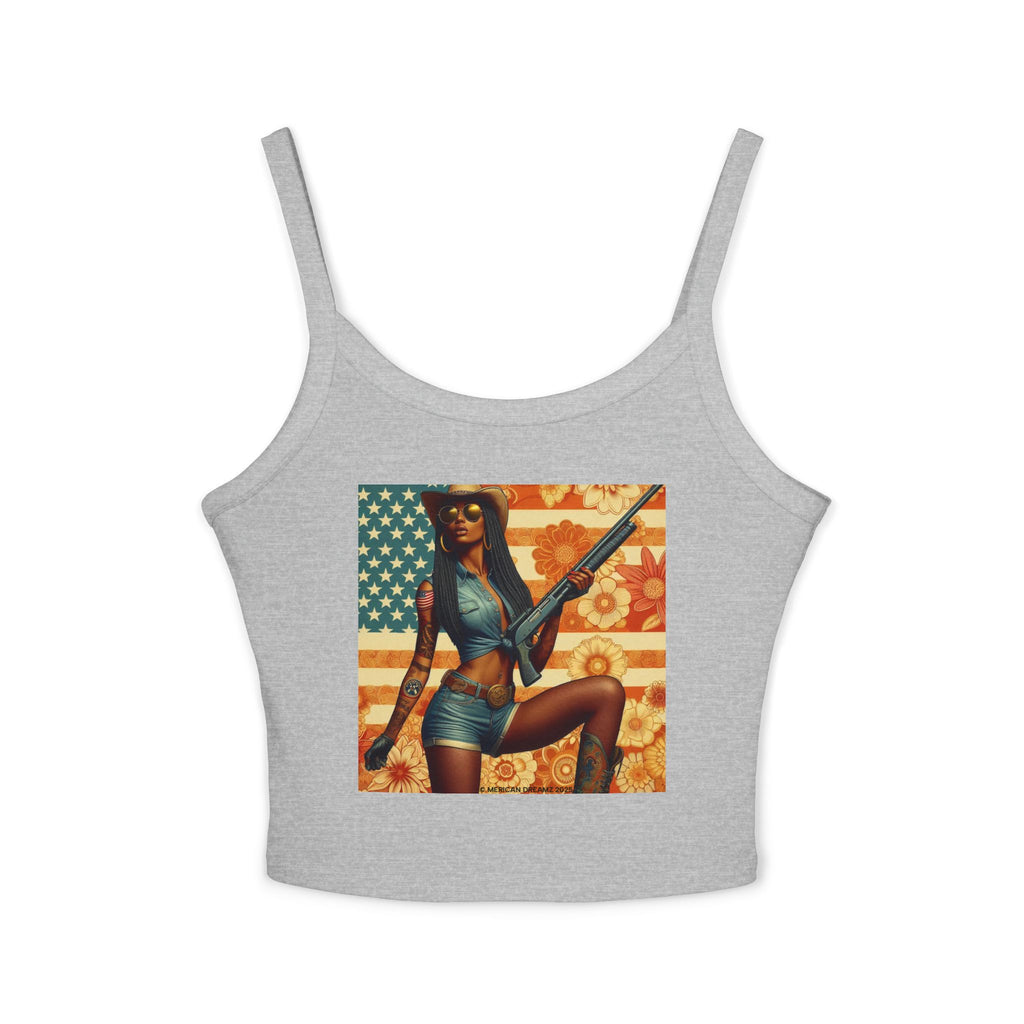 Retro Pinup Girl Tank Top — Vintage Flag & Floral Spaghetti Strap