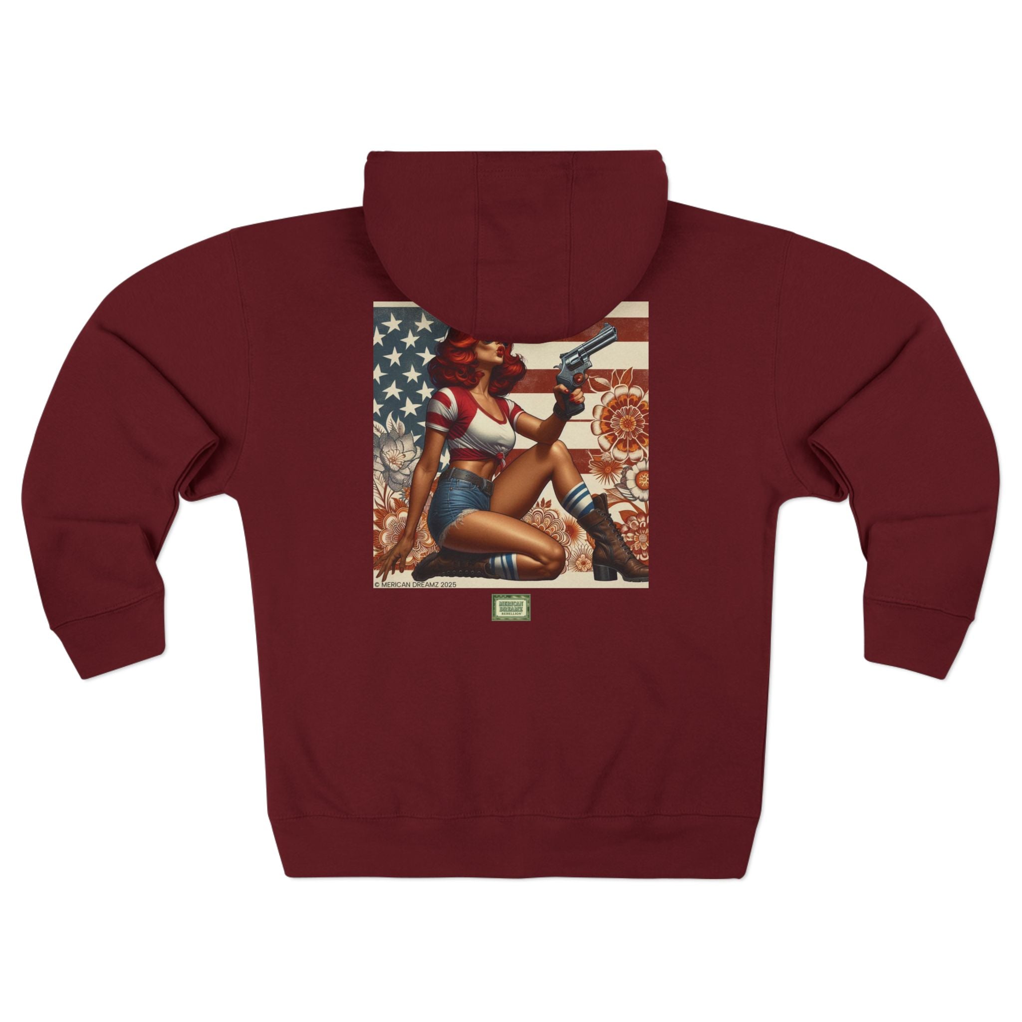 Americana Pinup Cowgirl with 44 Magnum Zip Hoodie — Retro Vintage Patriotic Graphic
