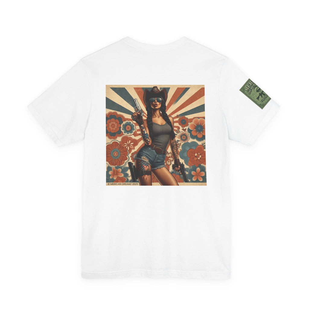 Graphic Short Sleeve Tee front and back — Retro Americana Pin-Up Cowgirls with 9mm Pistols