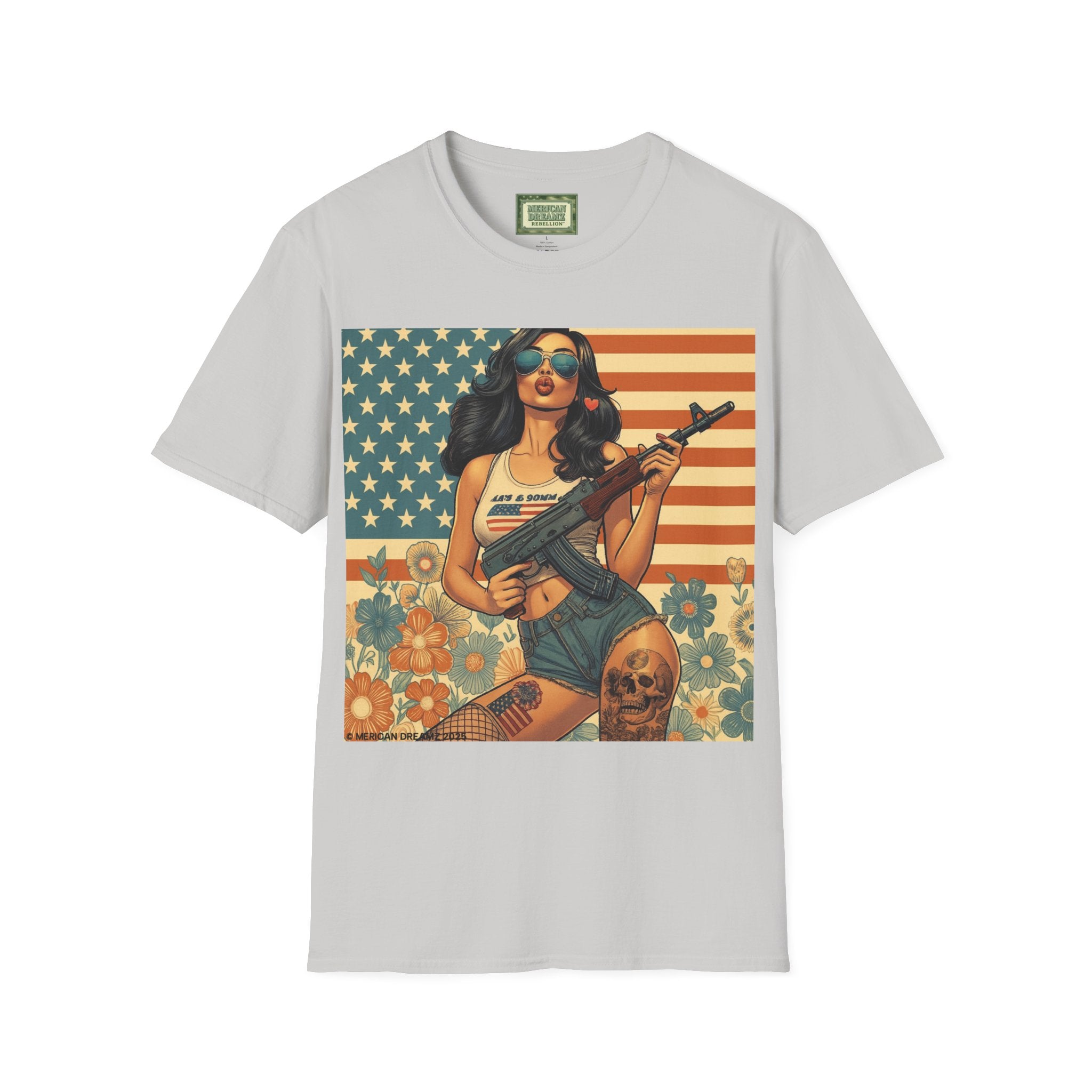 Graphic T-Shirt — Patriotic Pinup Girl with Rifle Vintage Flag Design (US Only)