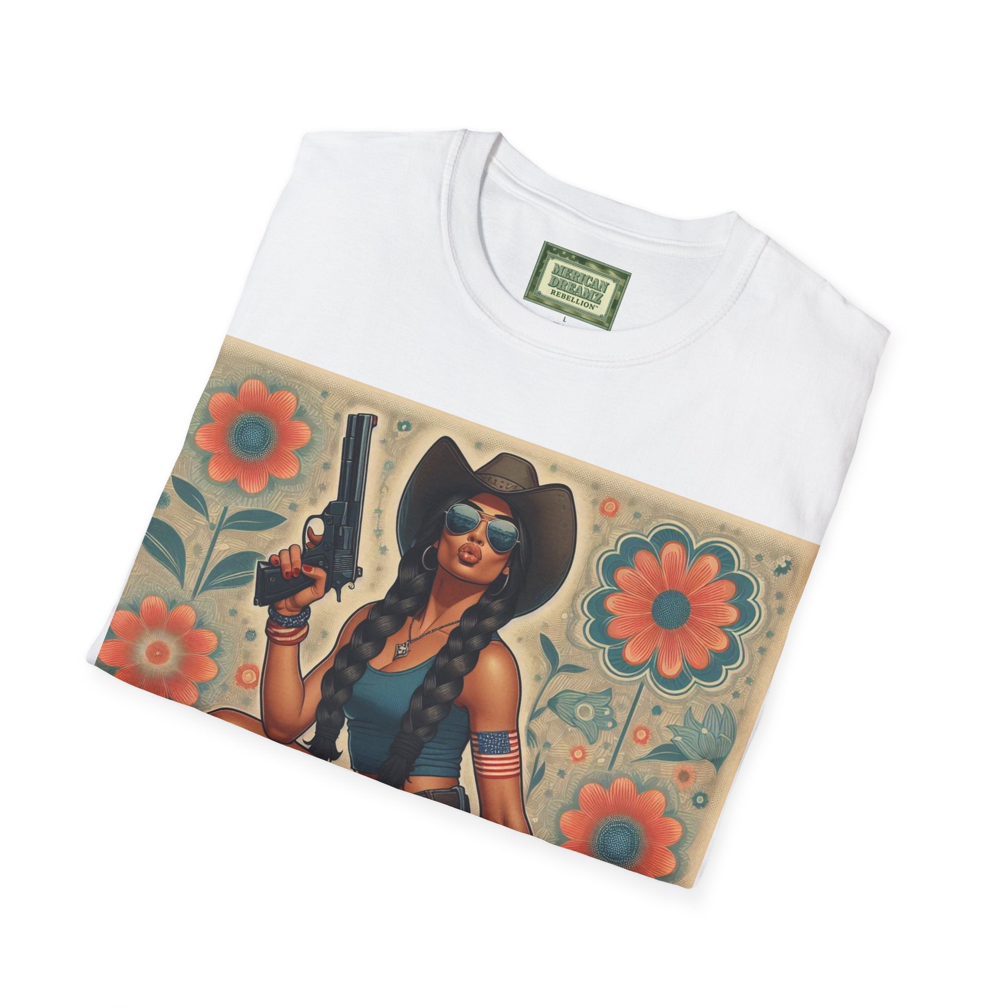Pin-Up Americana T-Shirt — Retro Floral Gun Cowgirl Vintage Style (US Only)