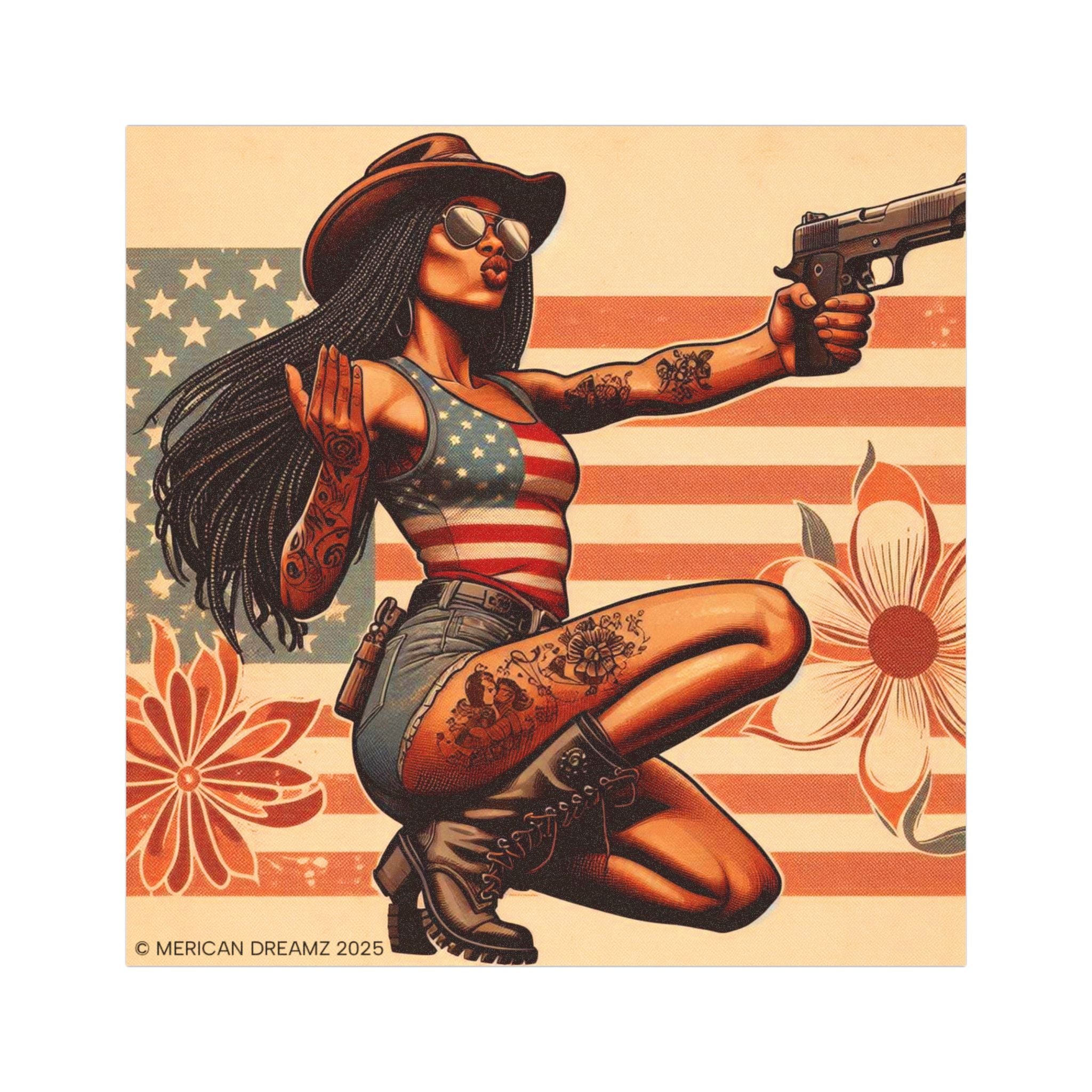 Car Magnet Patriotic Americana Cowgirl with Pistol | Square American Flag Vintage Floral