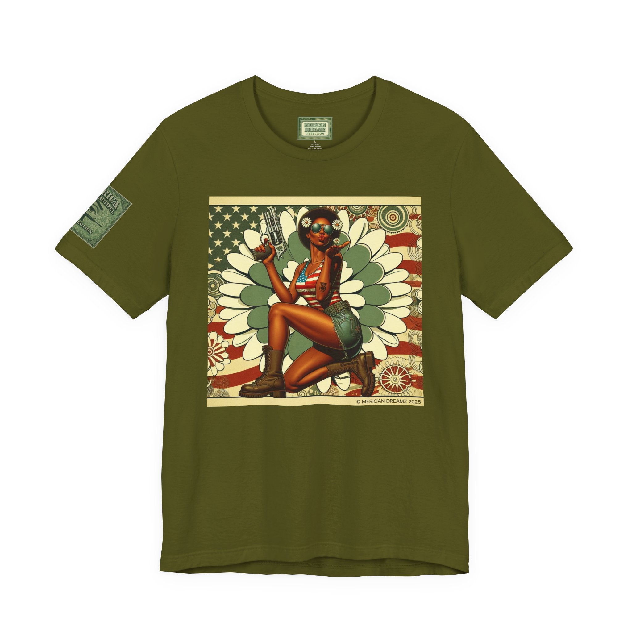 Graphic Short Sleeve Tee front and back — Retro Americana Pin-Up Cowgirls with .44 Magnum and AR-15