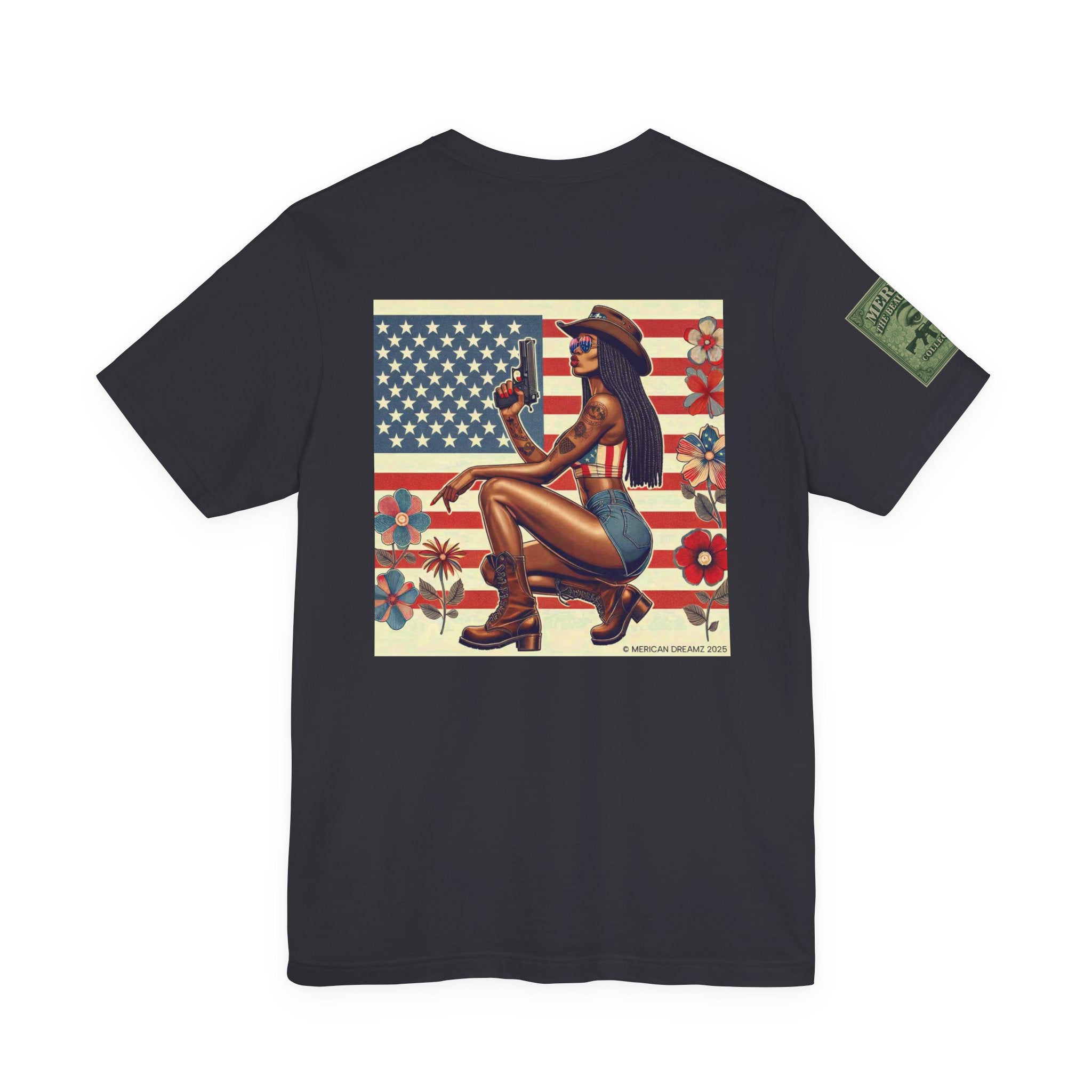 Graphic Short Sleeve Tee front and back — Retro Americana Pin-Up Cowgirls with 9mm Pistols