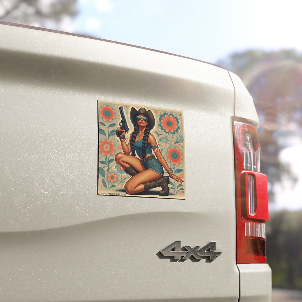 Car Magnet Patriotic Americana Cowgirl with Pistol | Square American Flag Vintage Floral