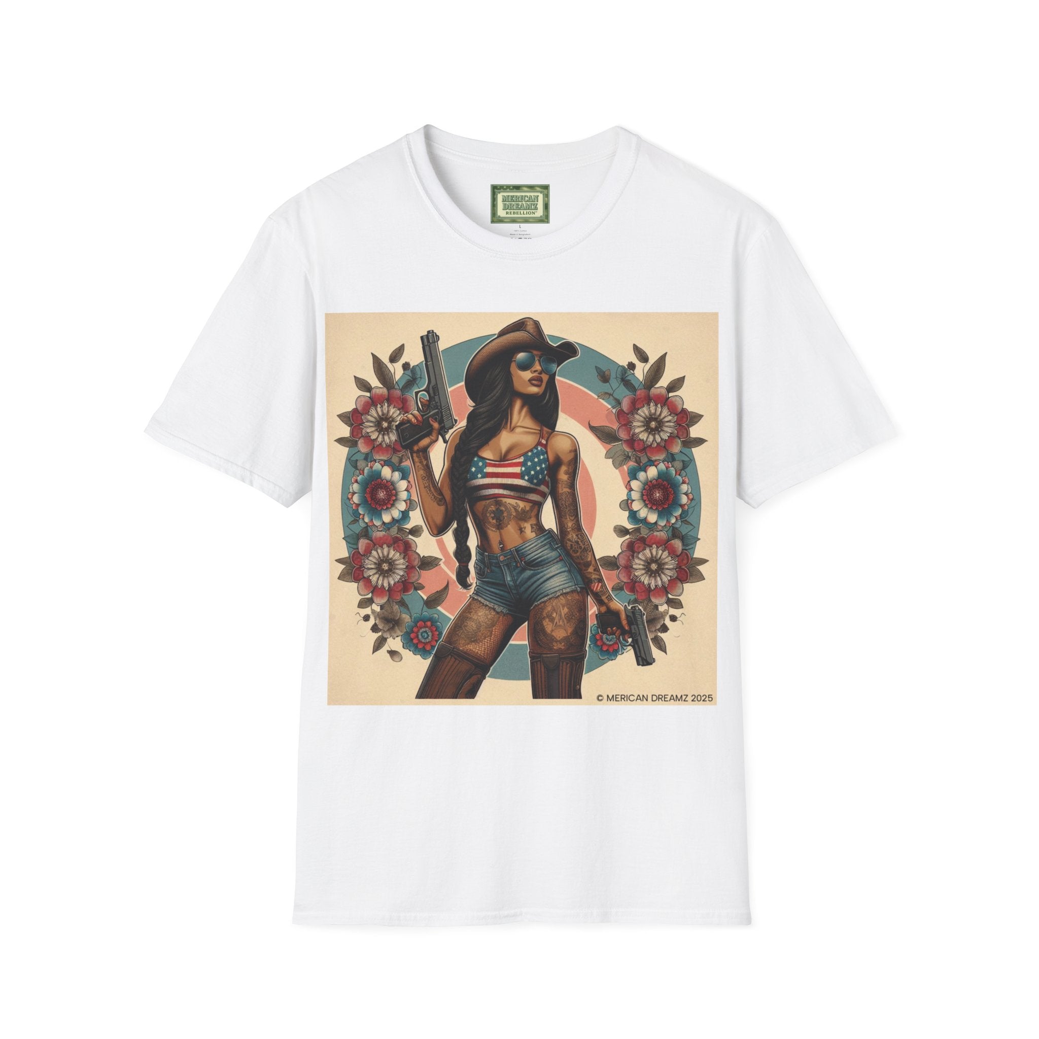Pin-Up Americana T-Shirt — Retro Floral Gun Cowgirl Vintage Style (US Only)