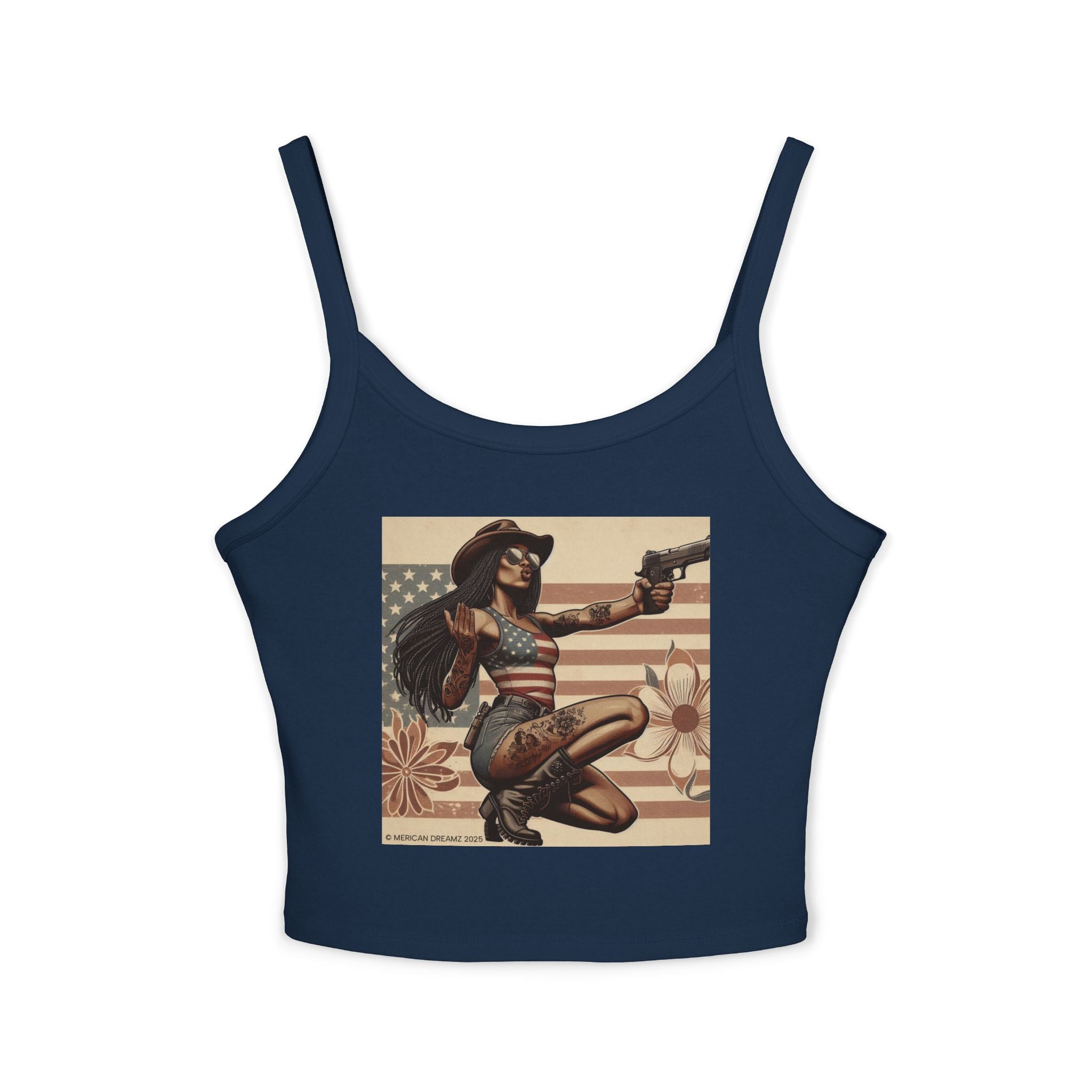 Retro Pinup Girl Tank Top — Vintage Flag & Floral Spaghetti Strap
