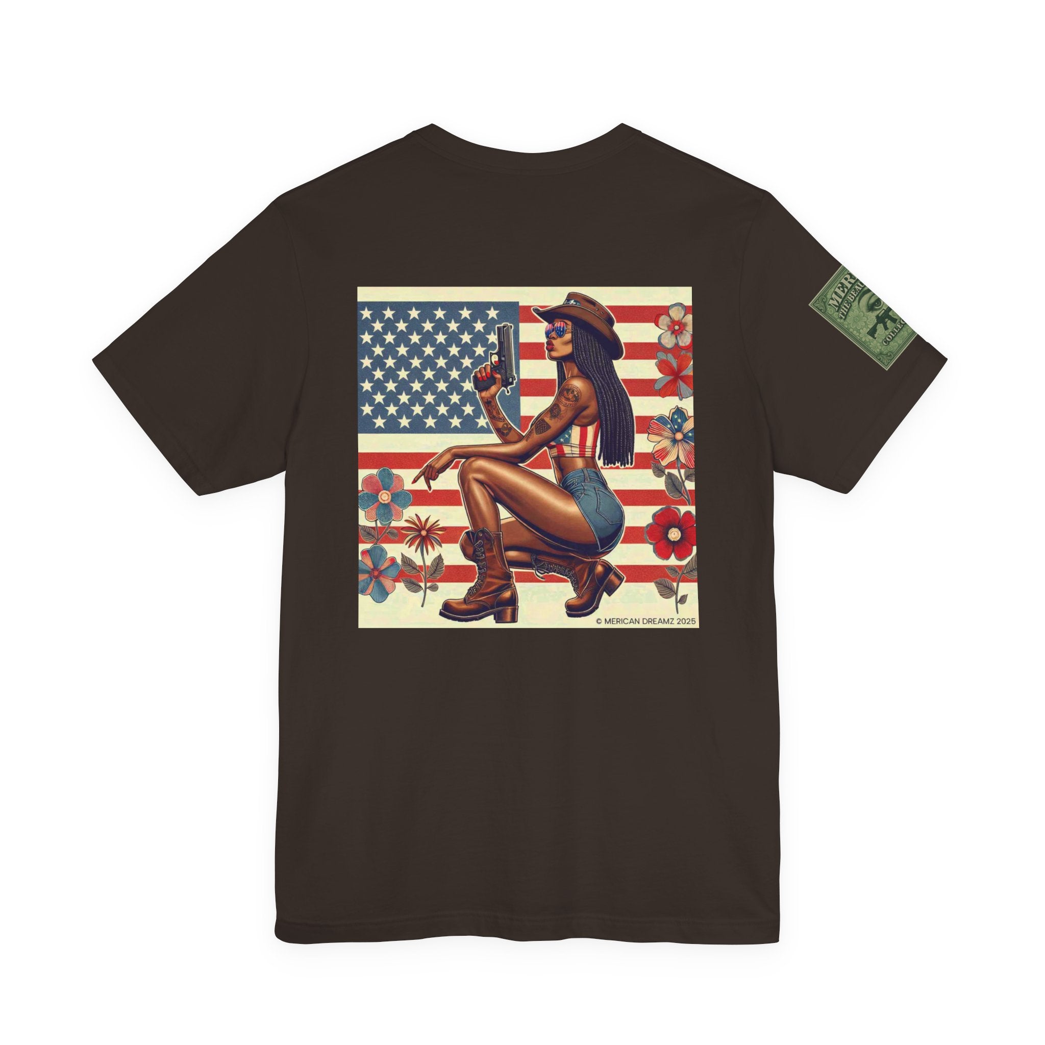 Graphic Short Sleeve Tee front and back — Retro Americana Pin-Up Cowgirls with 9mm Pistols