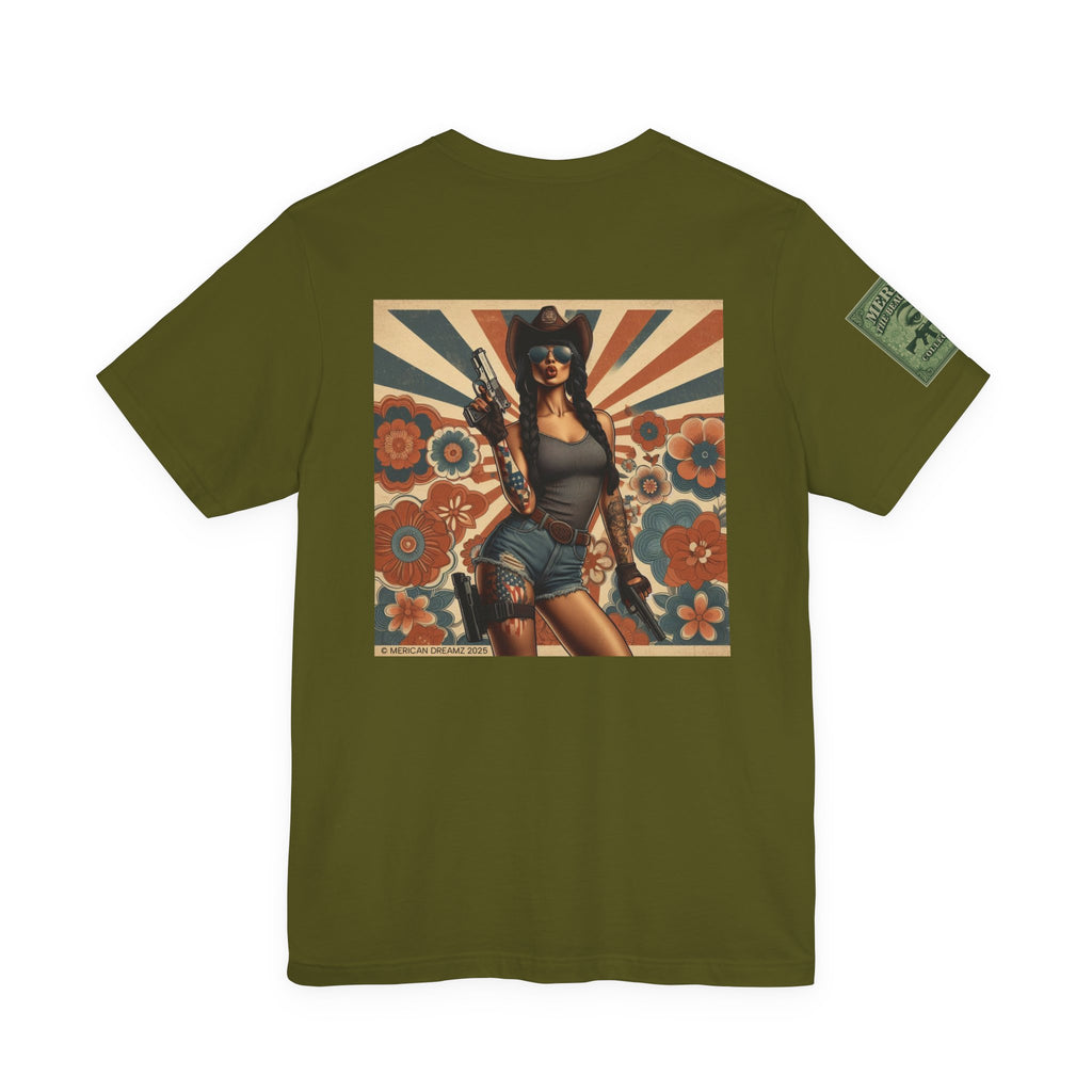 Graphic Short Sleeve Tee front and back — Retro Americana Pin-Up Cowgirls with 9mm Pistols