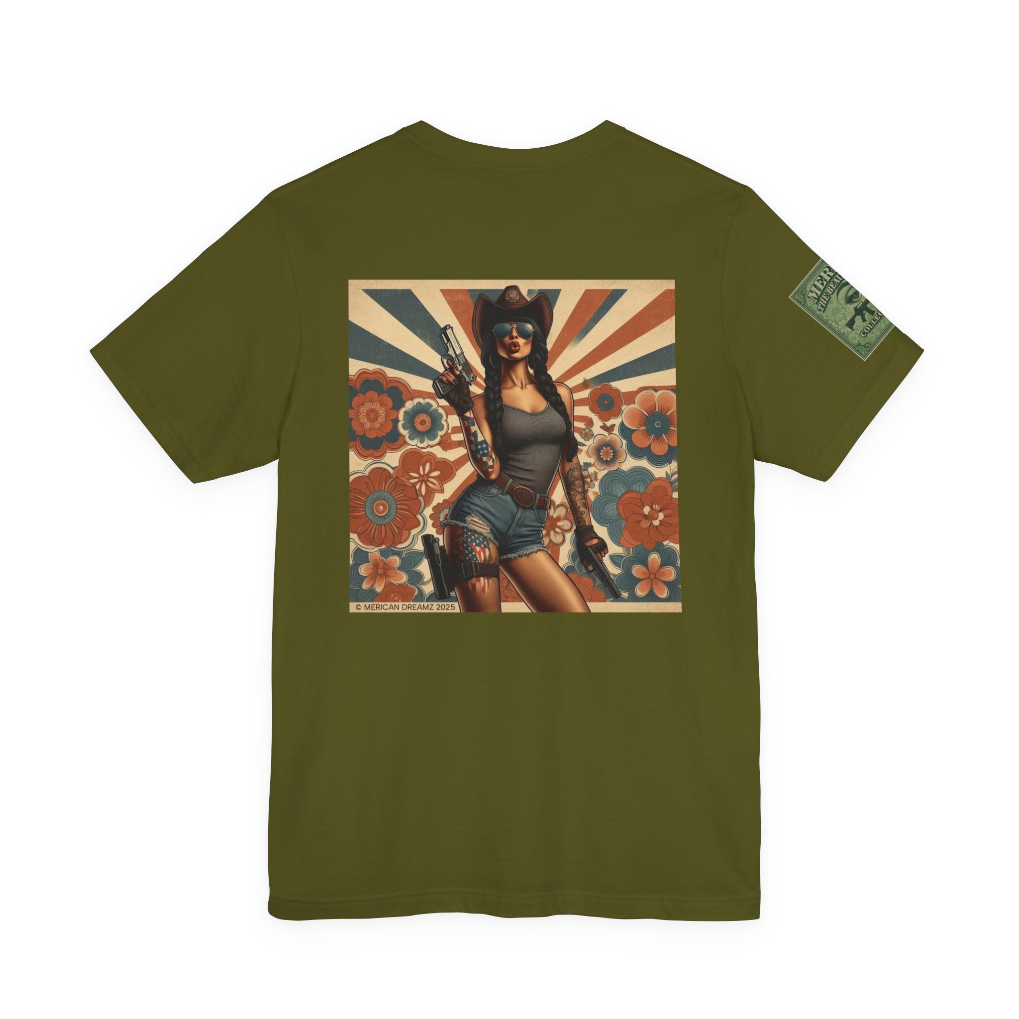 Graphic Short Sleeve Tee front and back — Retro Americana Pin-Up Cowgirls with 9mm Pistols