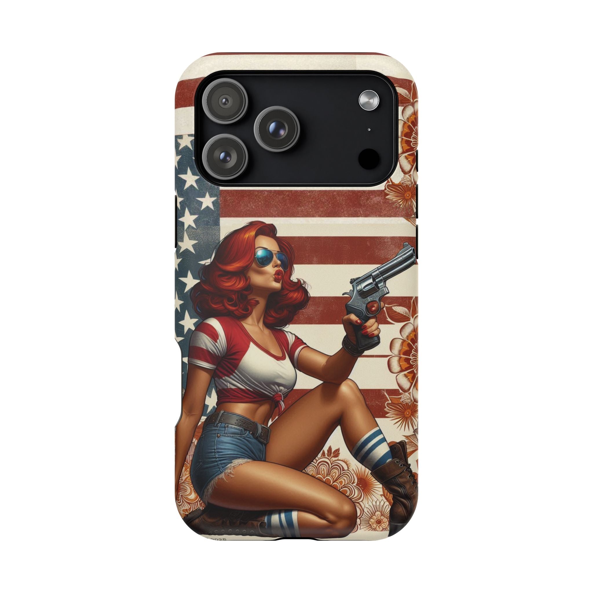 Americana .44 Magnum Pinup Girl - Magnetic Impact‑Resistant Phone Case  iPhone 13-17 / Samsung S26  MagSafe Compatible