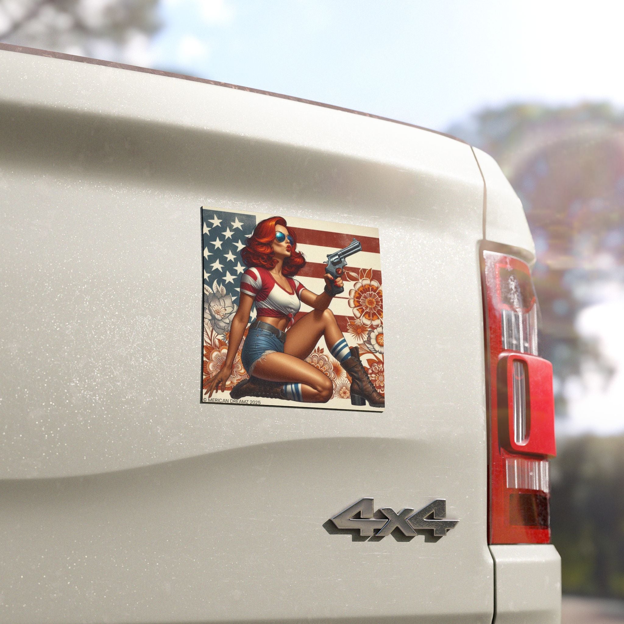 Car Magnet Patriotic Americana Cowgirl with Pistol | Square American Flag Vintage Floral