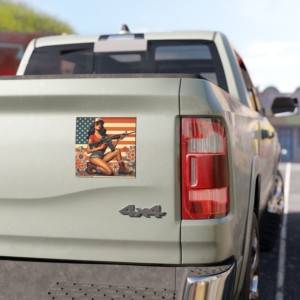 Car Magnet Patriotic Americana Cowgirl with Rifle | Square American Flag Vintage Floral