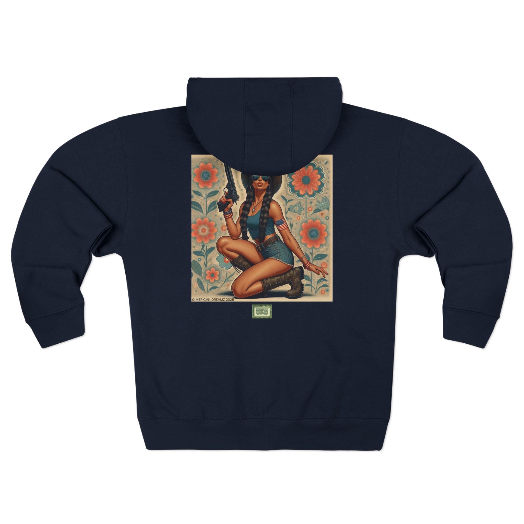 Americana Pinup Cowgirl with 9mm Zip Hoodie — Retro Vintage Patriotic Graphic