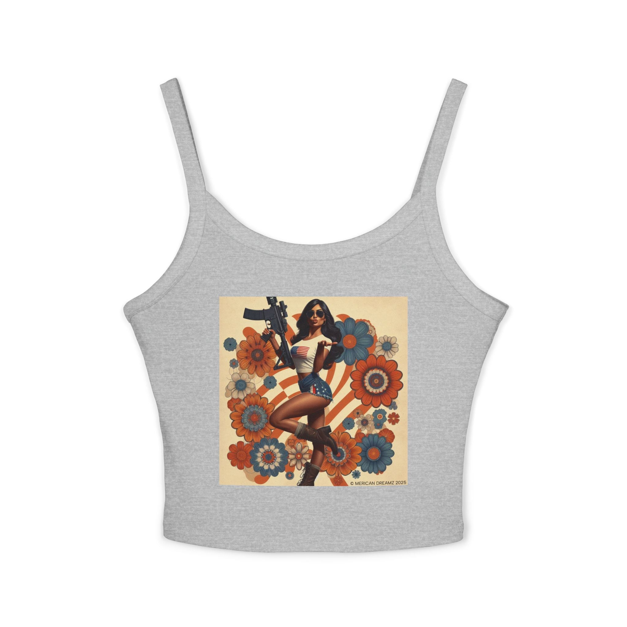 Retro Pinup Girl Tank Top — Vintage Flag & Floral Spaghetti Strap