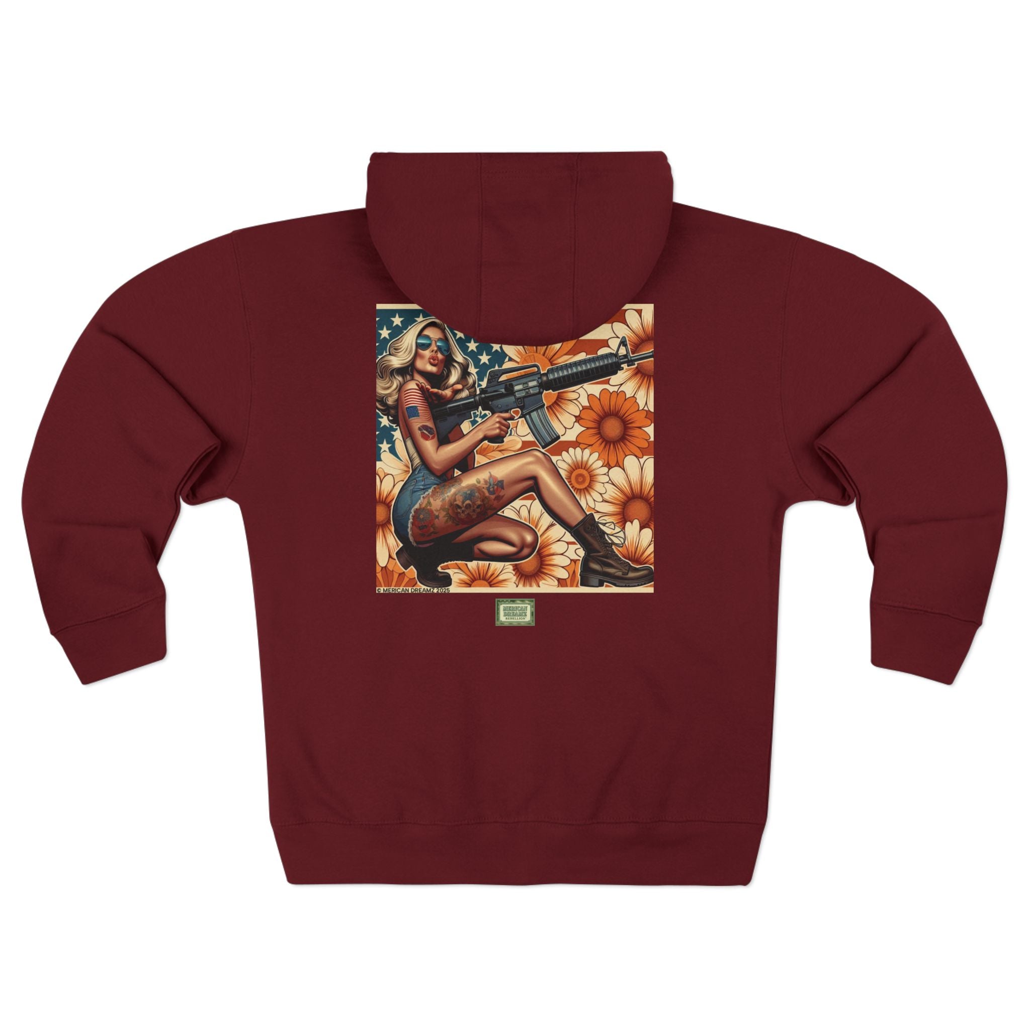 Americana Pinup Cowgirl with AR-15 Zip Hoodie — Retro Vintage Patriotic Graphic