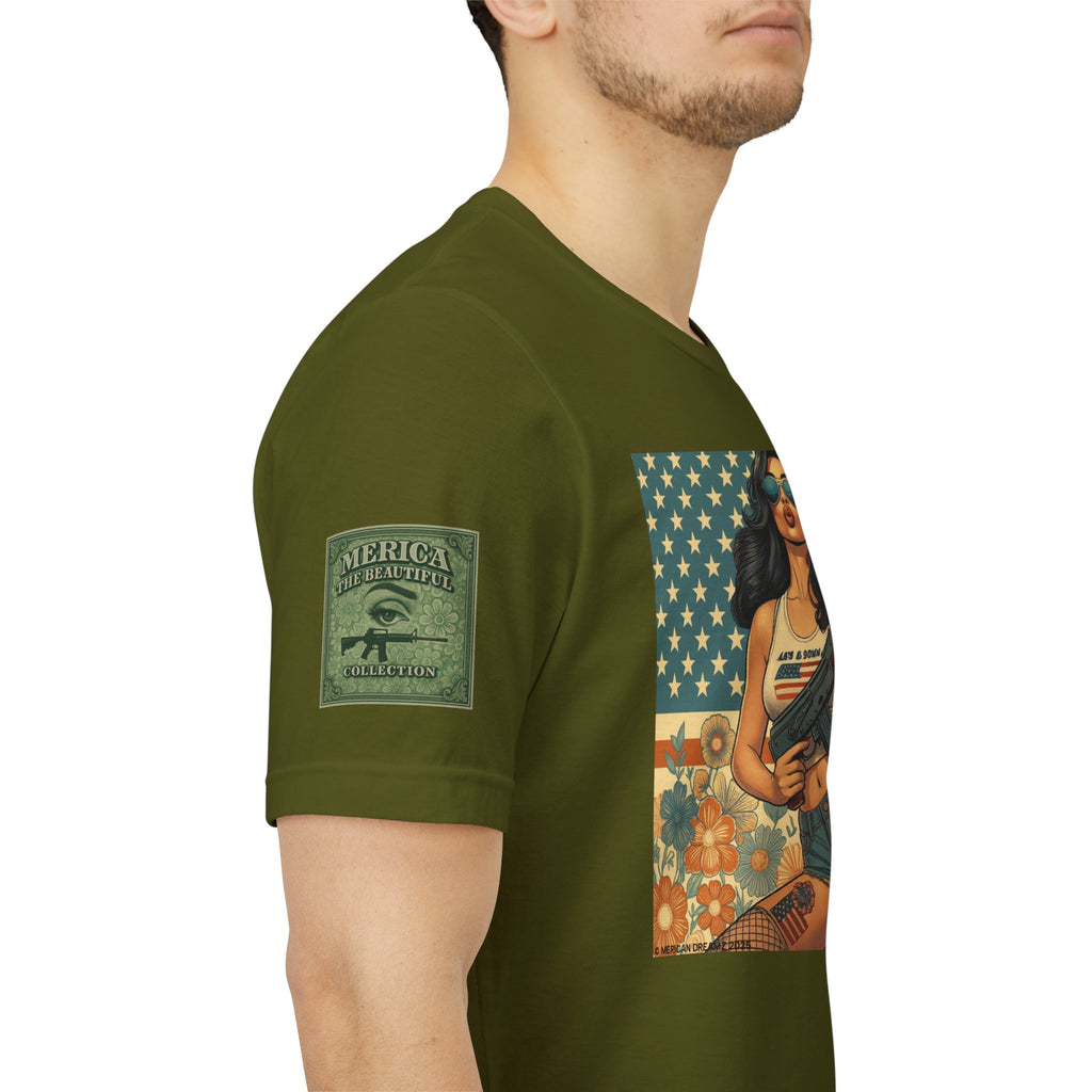 Graphic Short Sleeve Tee front and back — Retro Americana Pin-Up Girls with AK-47 Rifles