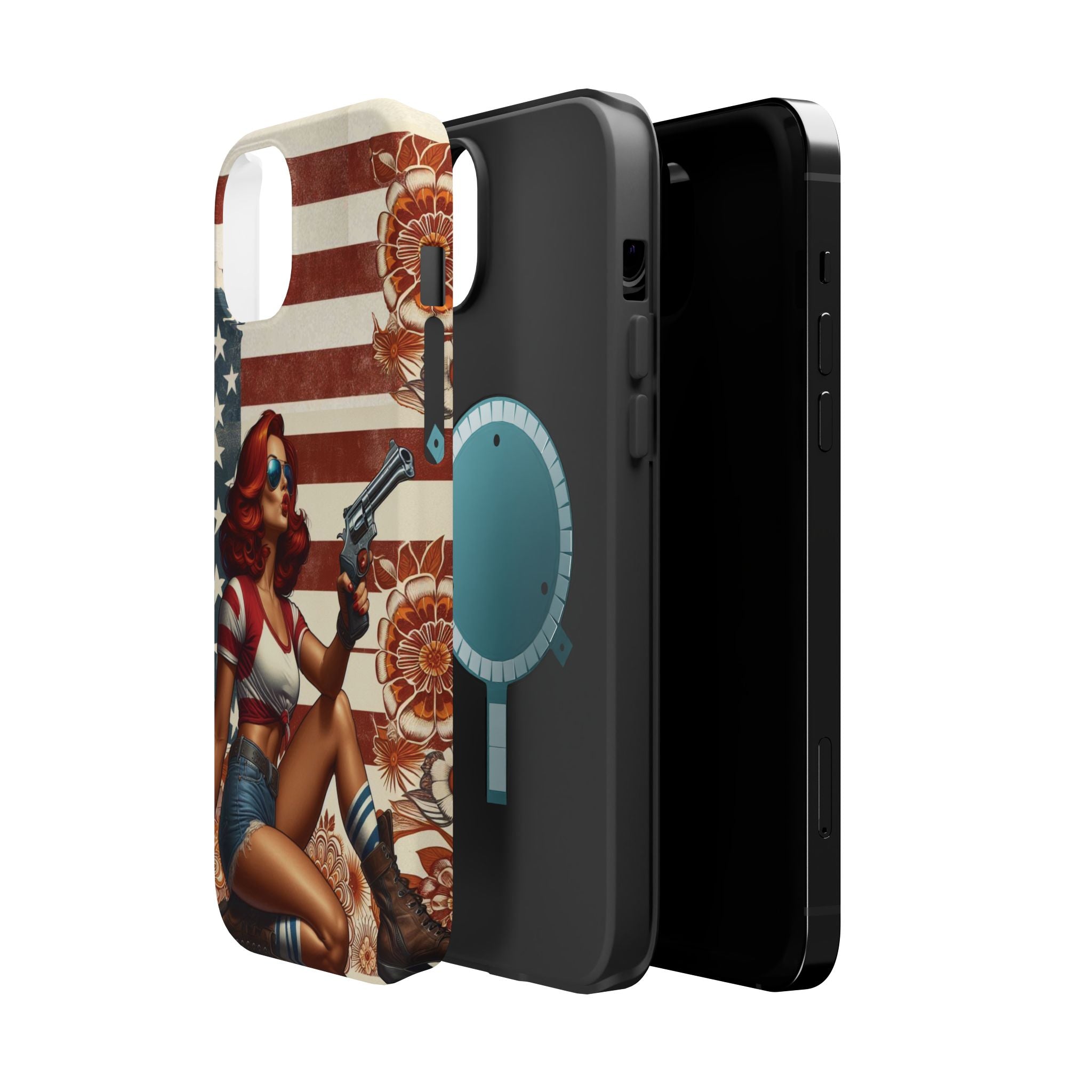 Americana .44 Magnum Pinup Girl - Magnetic Impact‑Resistant Phone Case  iPhone 13-17 / Samsung S26  MagSafe Compatible