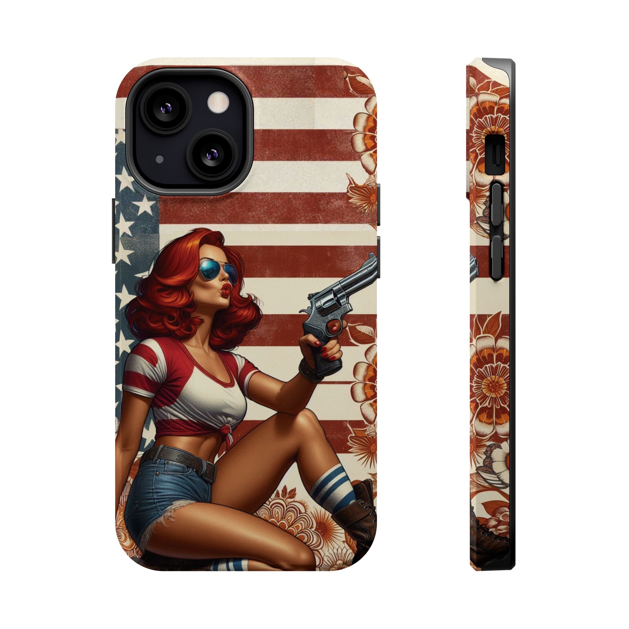 Americana .44 Magnum Pinup Girl - Magnetic Impact‑Resistant Phone Case  iPhone 13-17 / Samsung S26  MagSafe Compatible