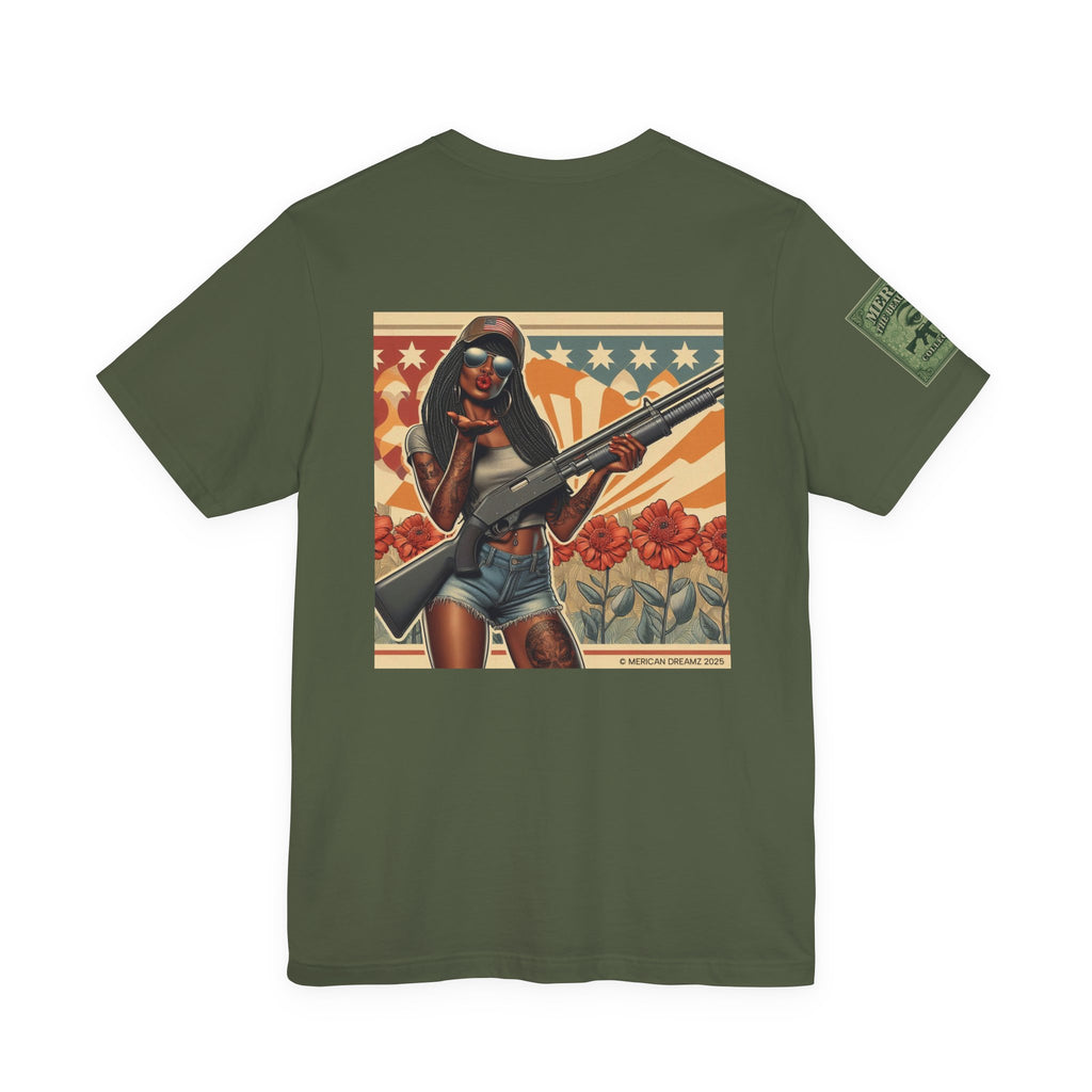 Graphic Short Sleeve Tee front and back — Retro Americana Pin-Up Cowgirls with 12 Gauge Shotguns