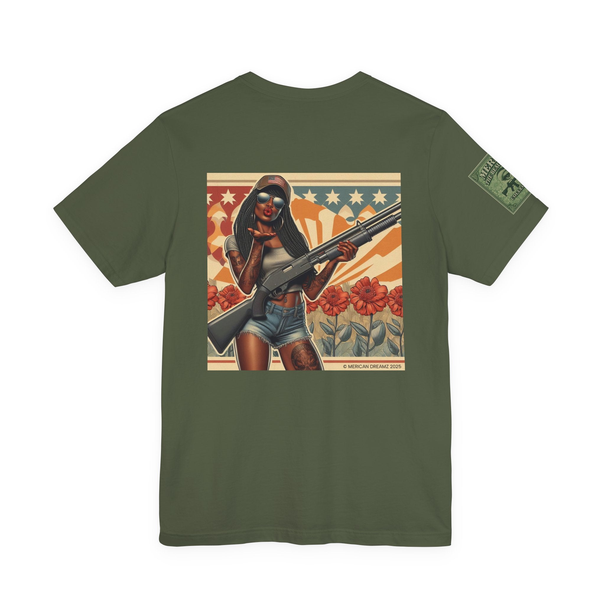 Graphic Short Sleeve Tee front and back — Retro Americana Pin-Up Cowgirls with 12 Gauge Shotguns