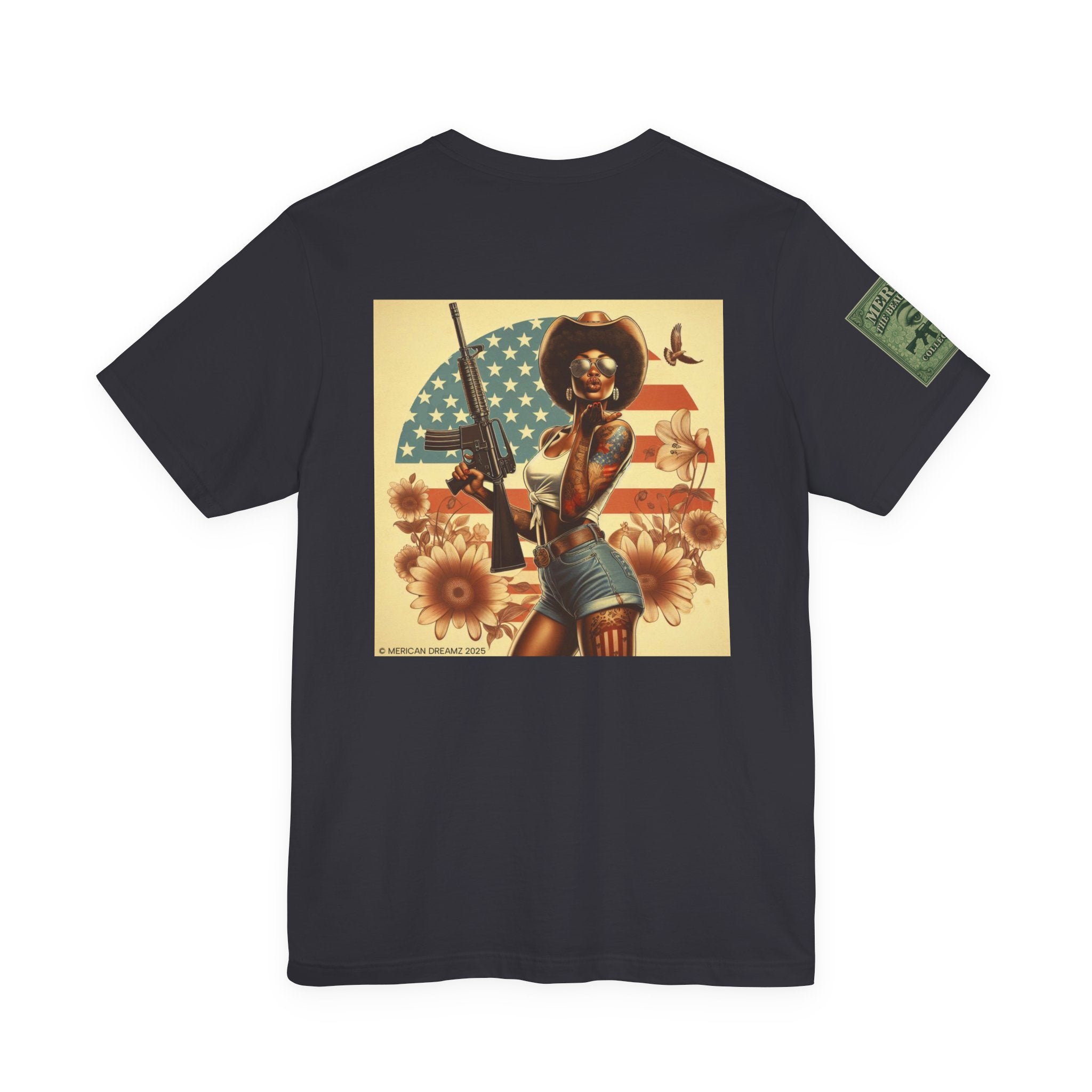 Graphic Short Sleeve Tee front and back — Retro Americana Pin-Up Cowgirls with .44 Magnum and AR-15