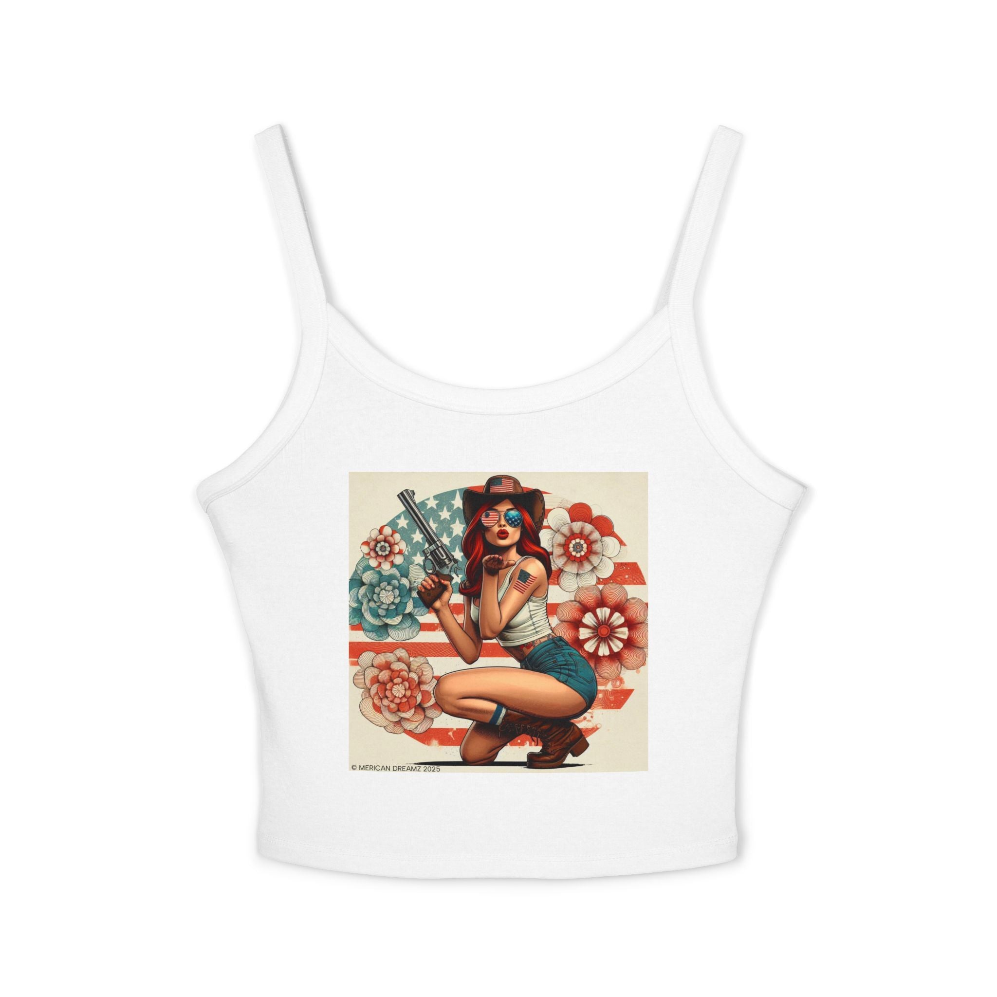 Retro Pinup Girl Tank Top — Vintage Flag & Floral Spaghetti Strap