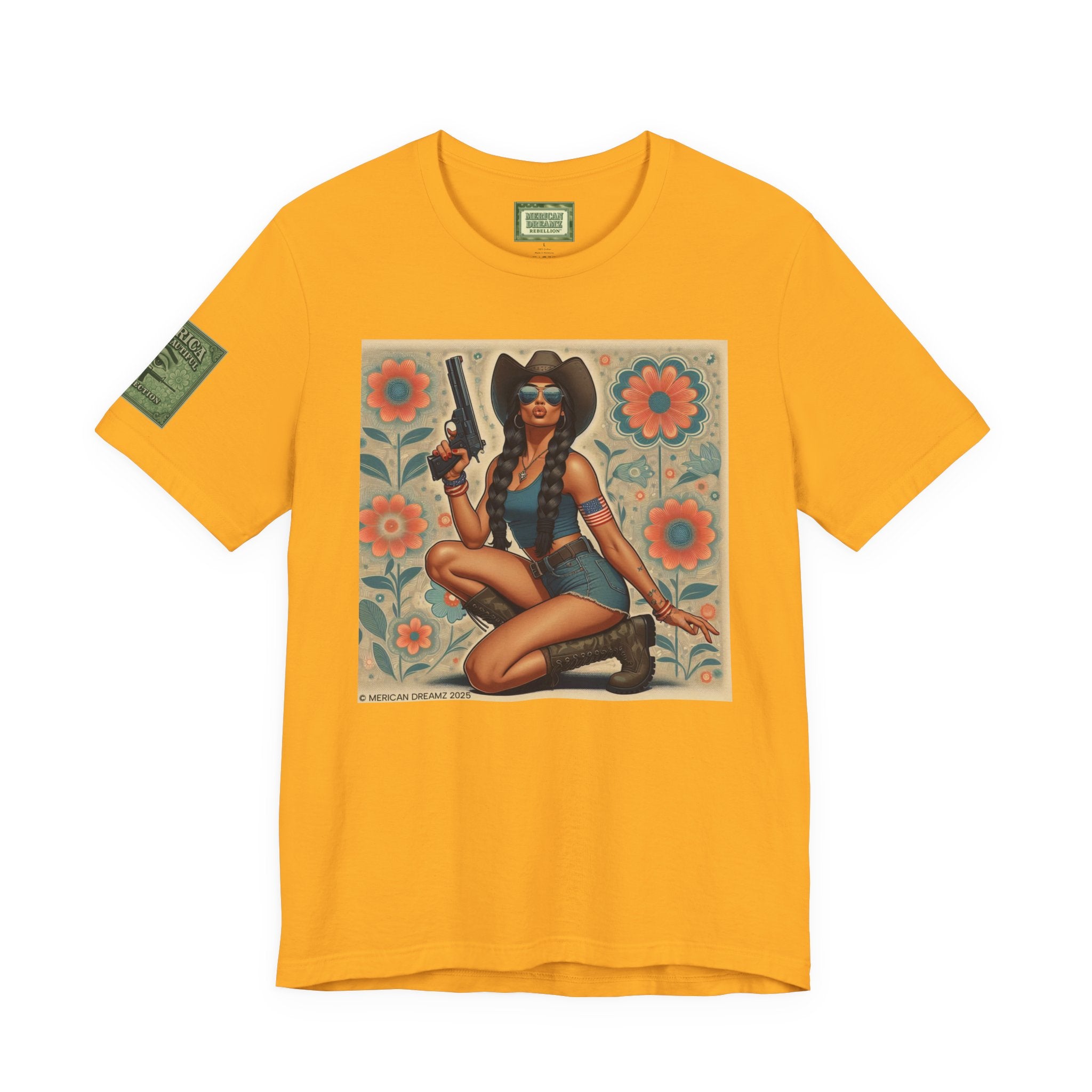 Graphic Short Sleeve Tee front and back — Retro Americana Pin-Up Cowgirls with 9mm Pistols
