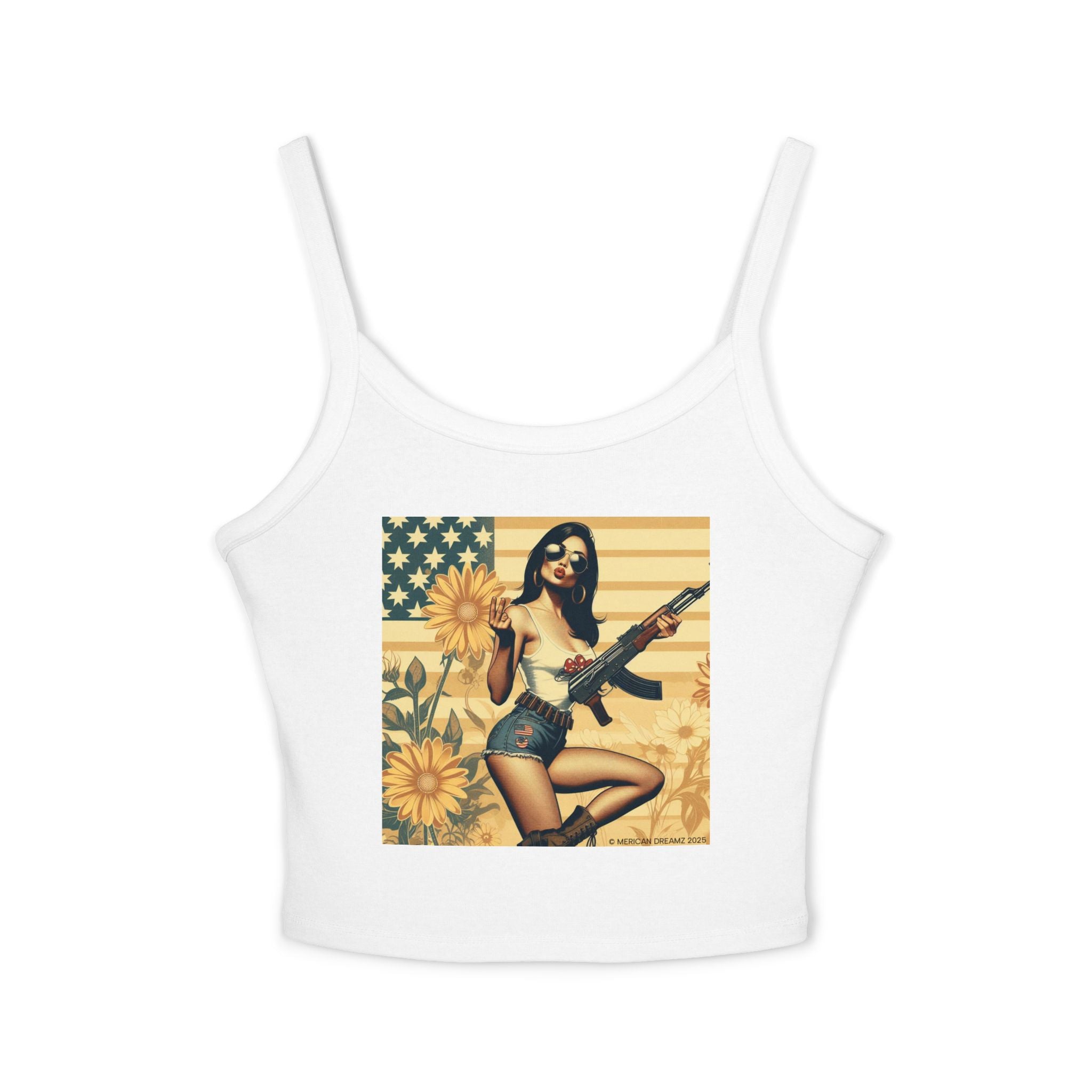 Retro Pinup Girl Tank Top — Vintage Flag & Floral Spaghetti Strap