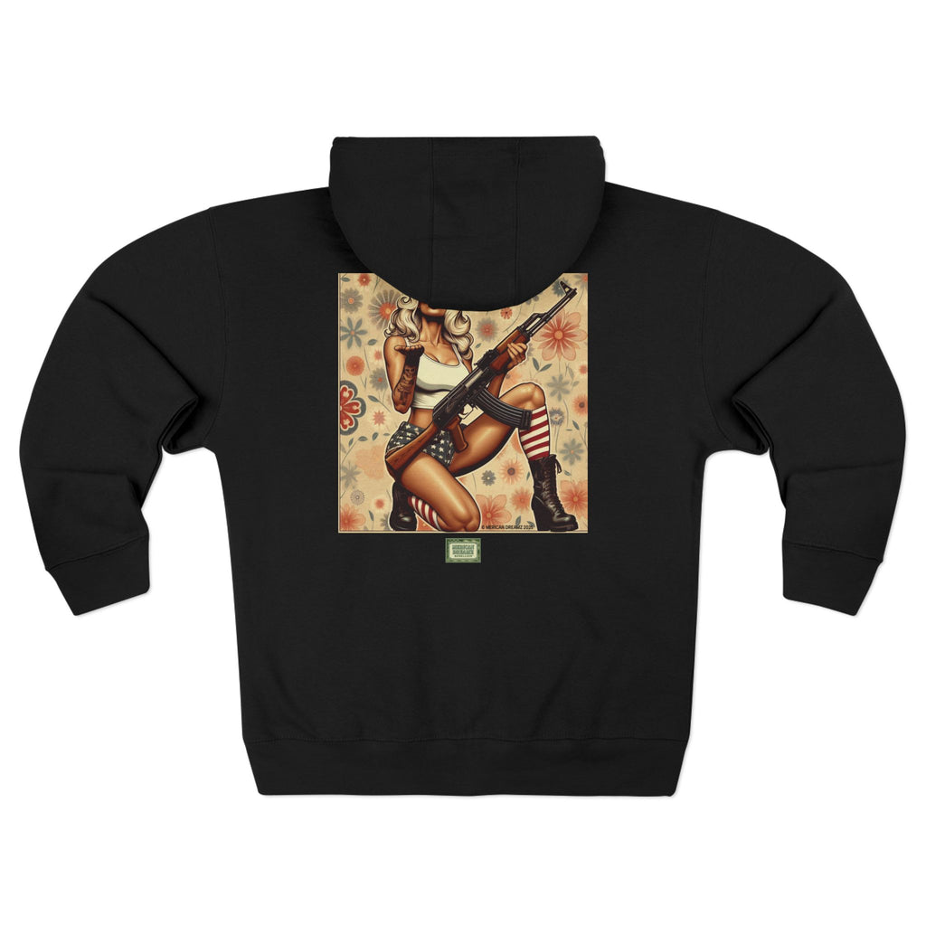 Americana Pinup girl with AK-47 Zip Hoodie — Retro Vintage Patriotic Graphic