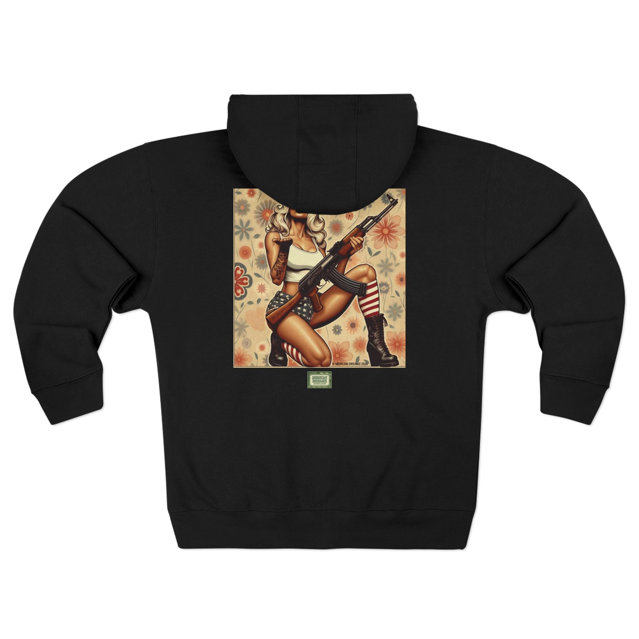 Americana Pinup girl with AK-47 Zip Hoodie — Retro Vintage Patriotic Graphic