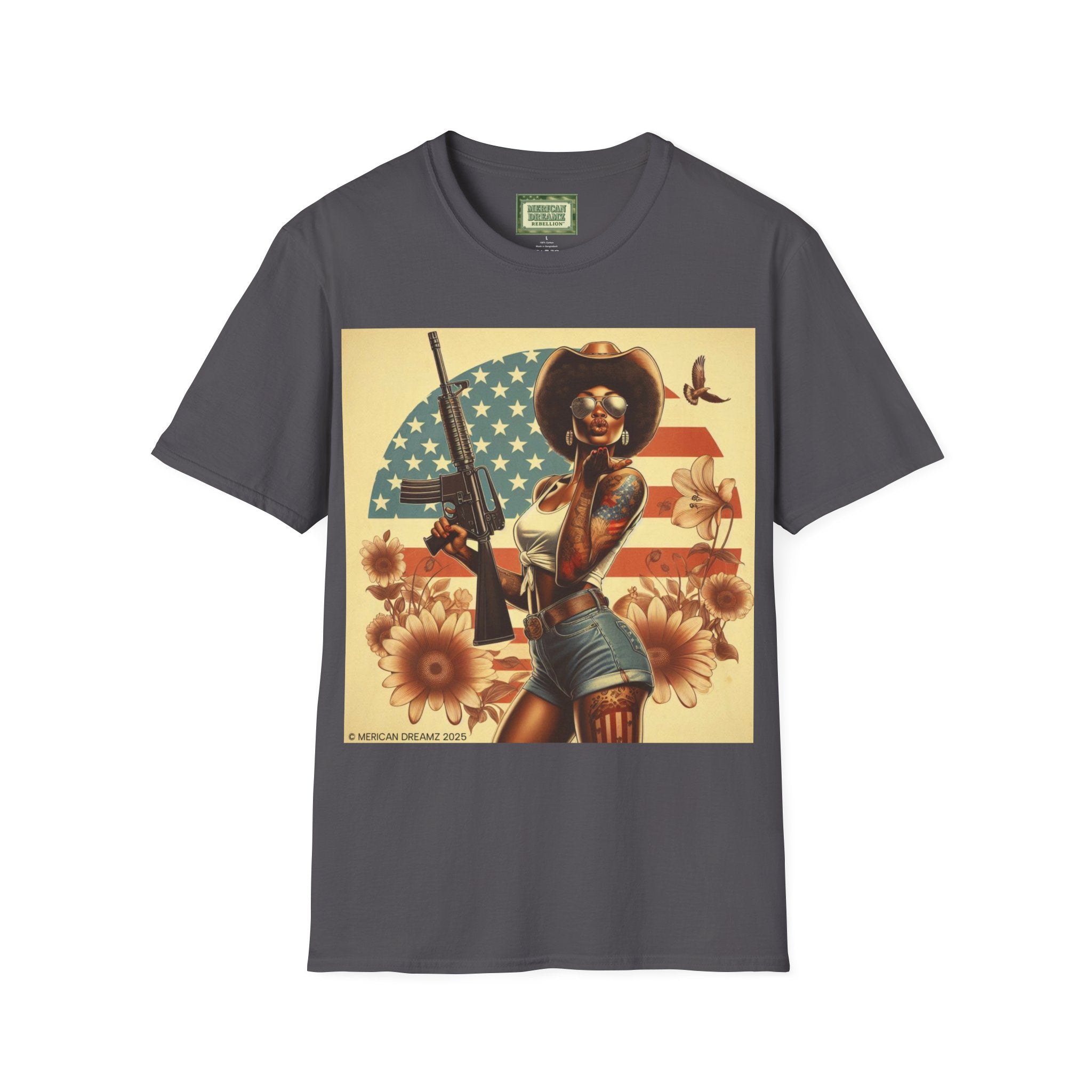 Pin-Up Americana T-Shirt — Retro Floral Gun Cowgirl Vintage Style (US Only)