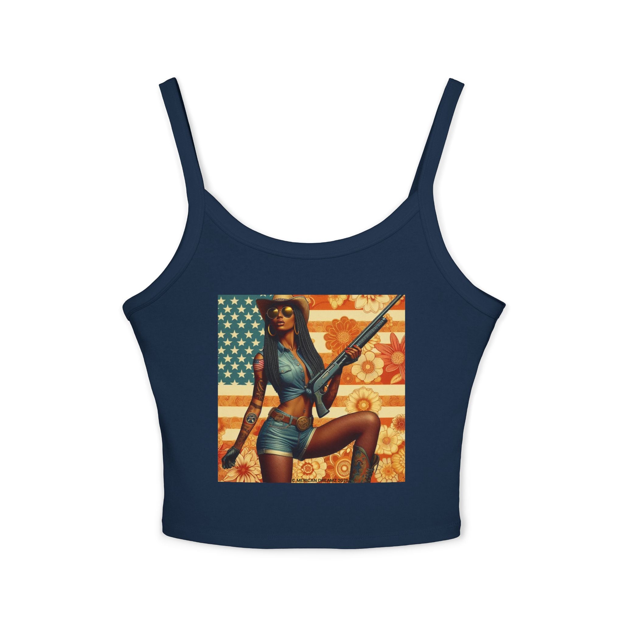 Retro Pinup Girl Tank Top — Vintage Flag & Floral Spaghetti Strap