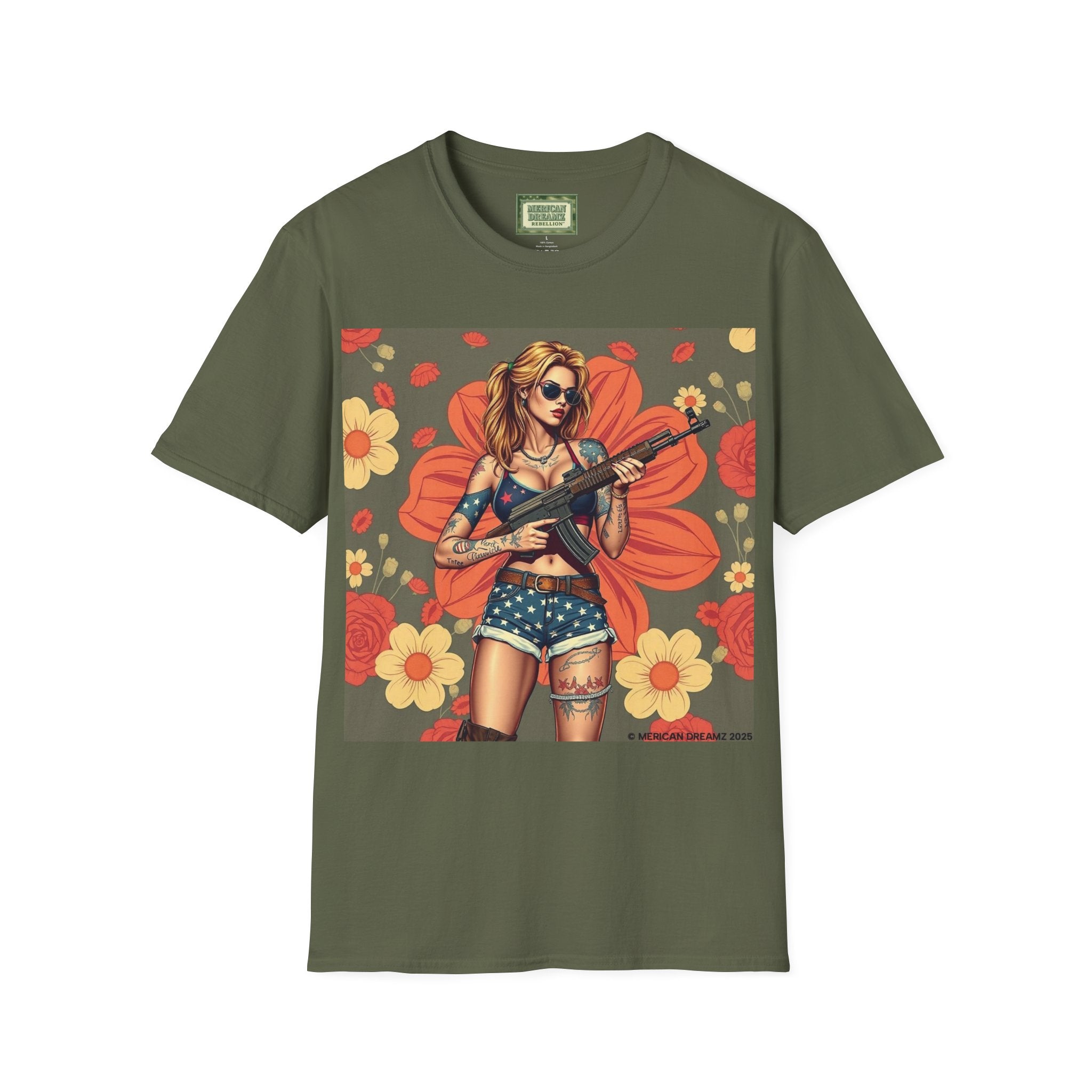 Graphic T-Shirt — Patriotic Pinup Girl with Rifle Vintage Flag Design (US Only)