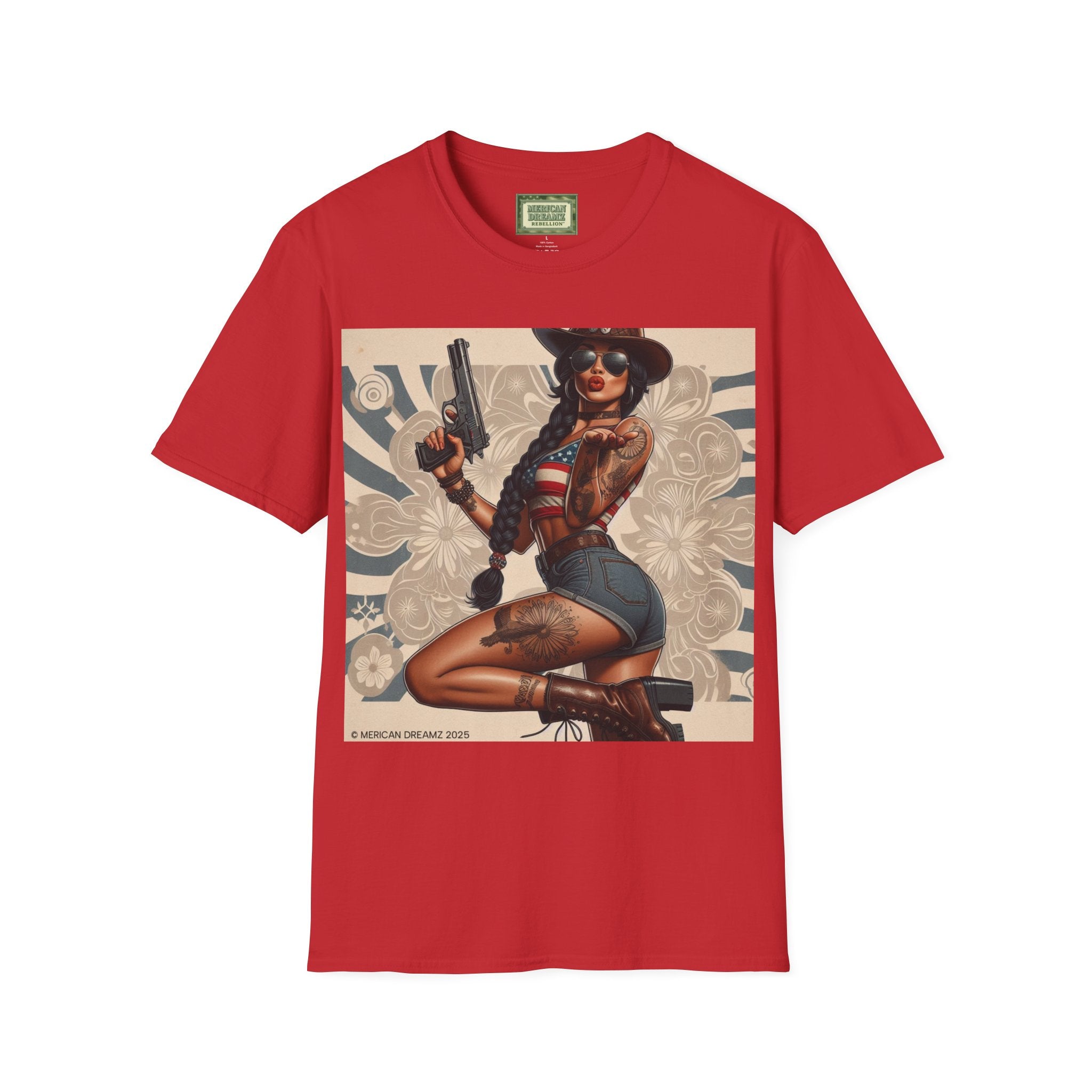 Pin-Up Americana T-Shirt — Retro Floral Gun Cowgirl Vintage Style (US Only)