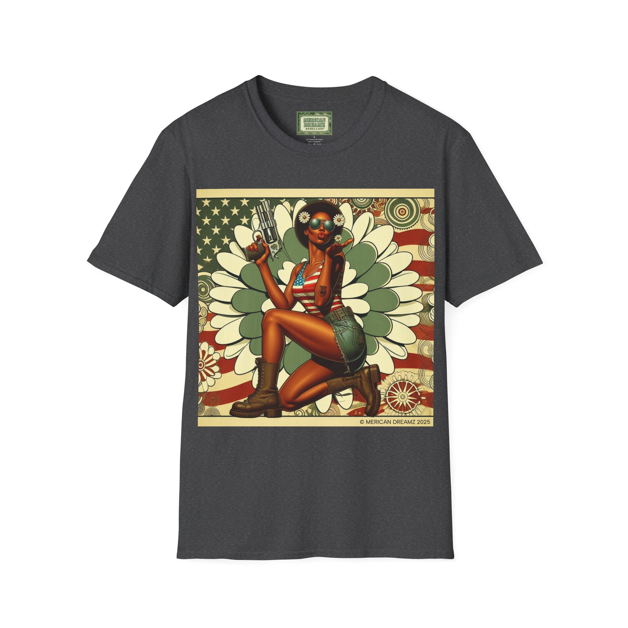 Graphic T-Shirt — Patriotic Pinup Girl with Pistol Vintage Flag Design (US Only)