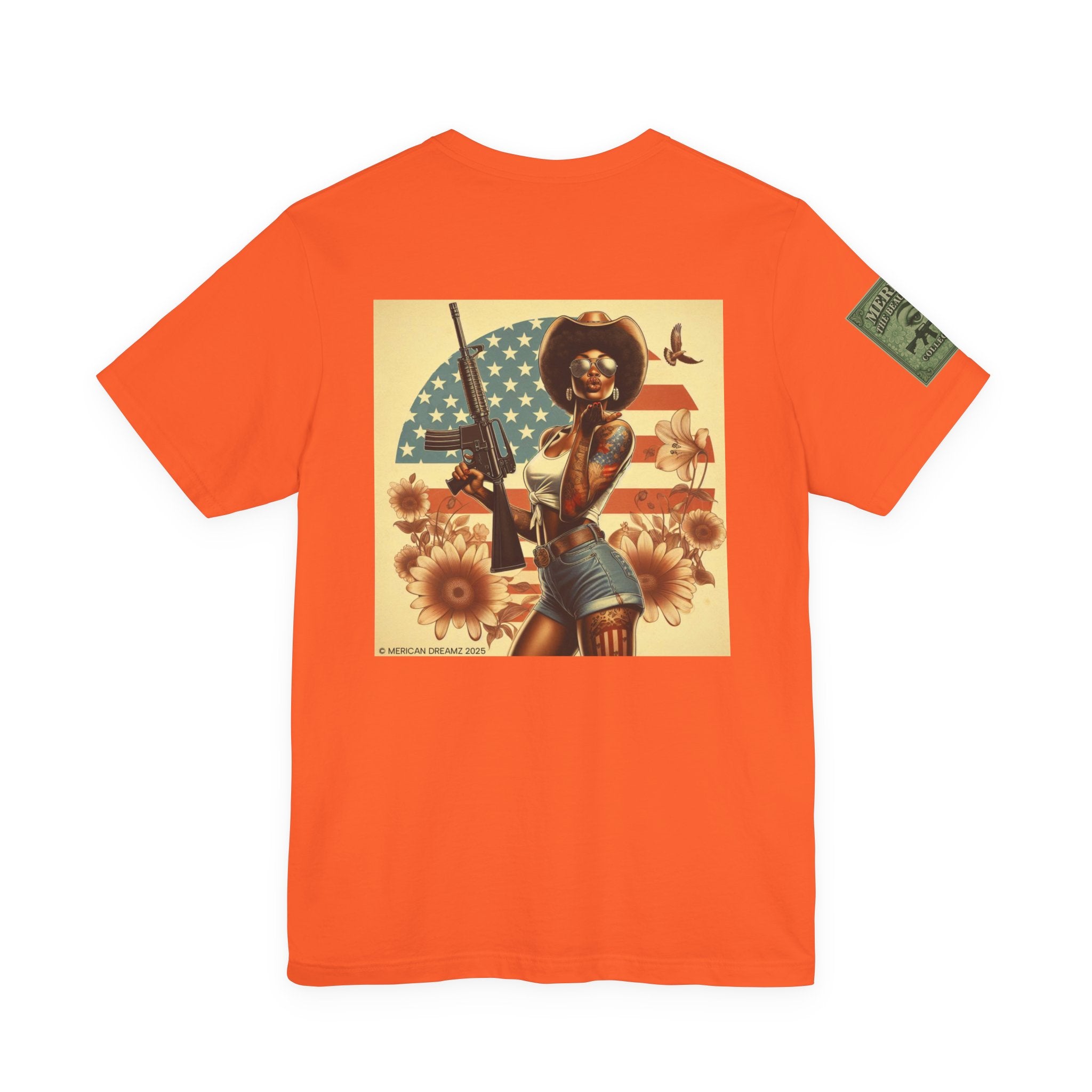 Graphic Short Sleeve Tee front and back — Retro Americana Pin-Up Cowgirls with .44 Magnum and AR-15