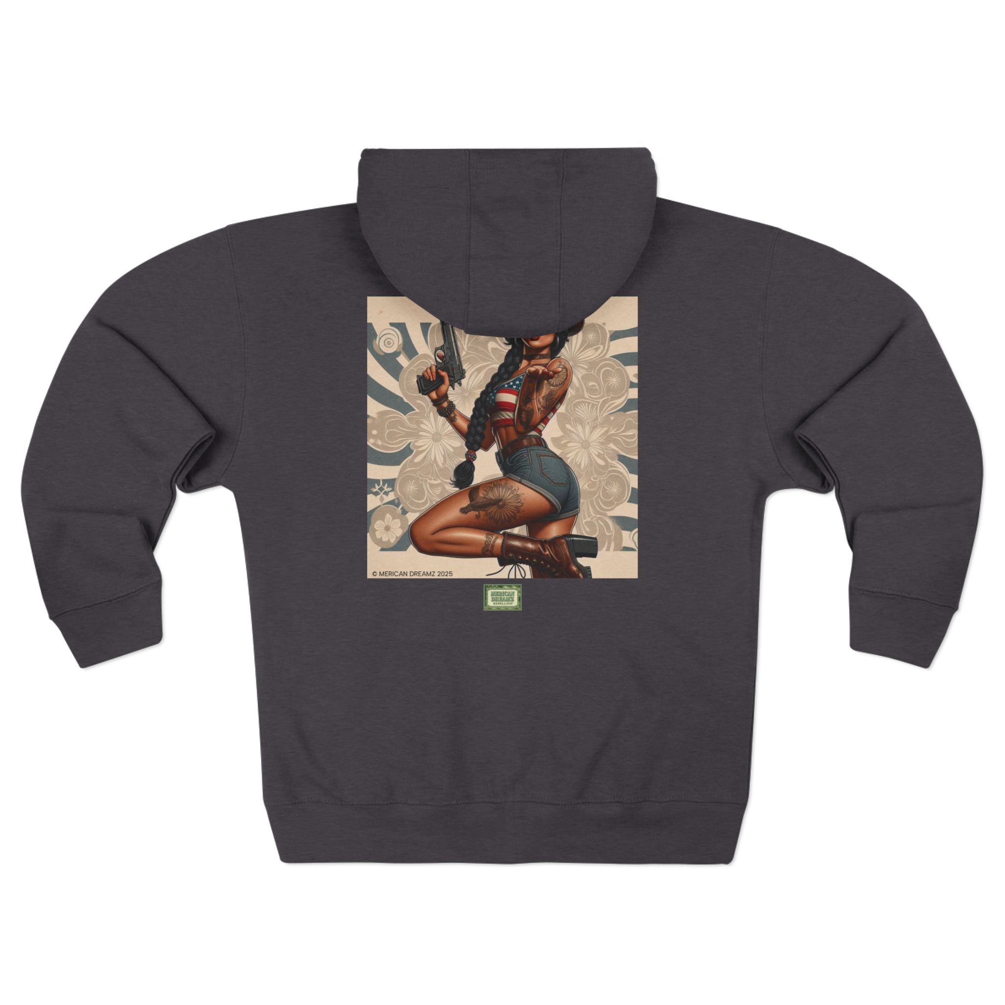 Americana Pinup Cowgirl with 9mm Zip Hoodie — Retro Vintage Patriotic Graphic