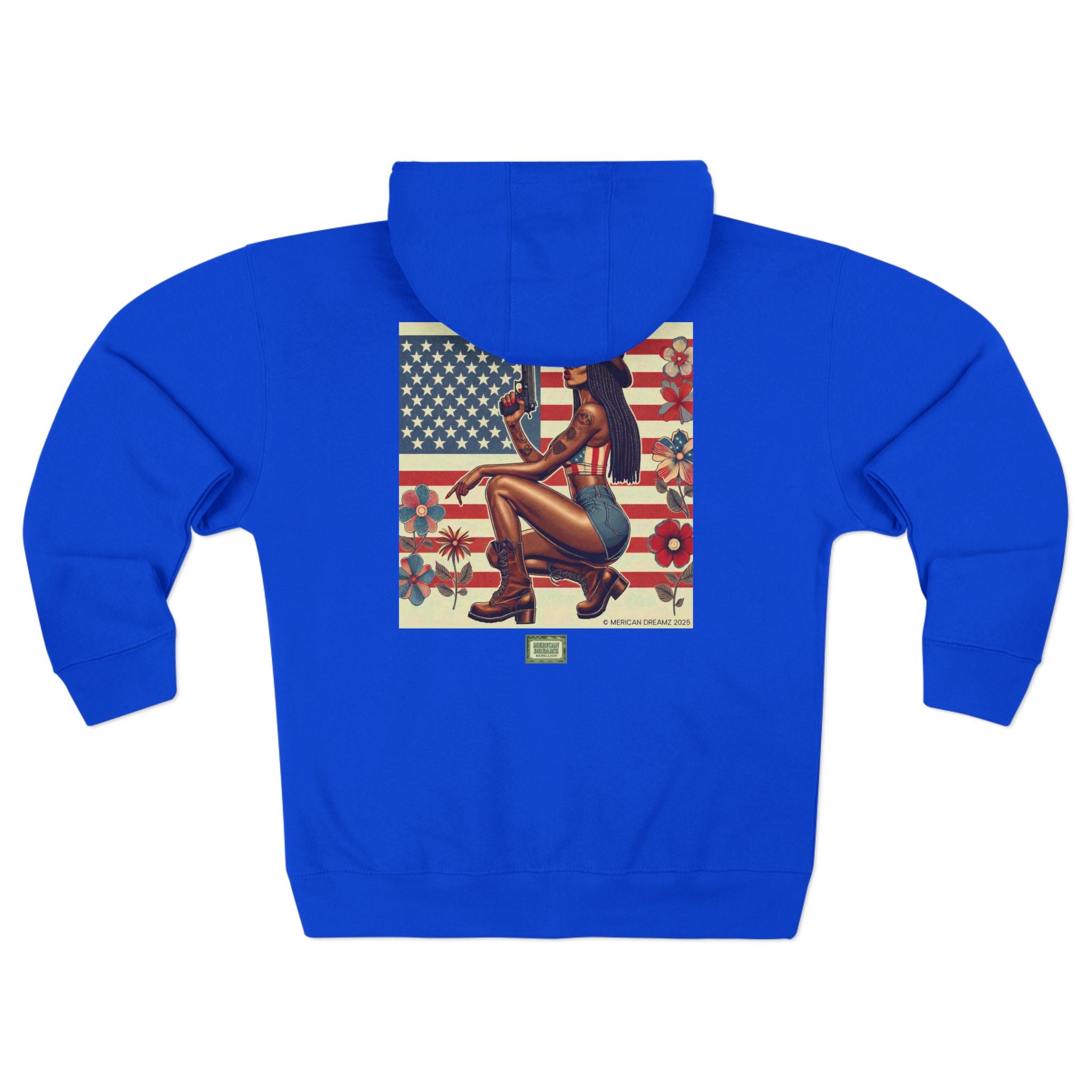 Americana Pinup Cowgirl with 9mm Zip Hoodie — Retro Vintage Patriotic Graphic