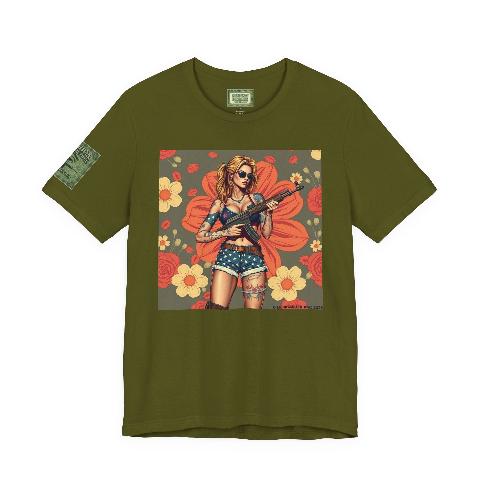 Graphic Short Sleeve Tee front and back — Retro Americana Pin-Up Girls with AK-47 Rifles