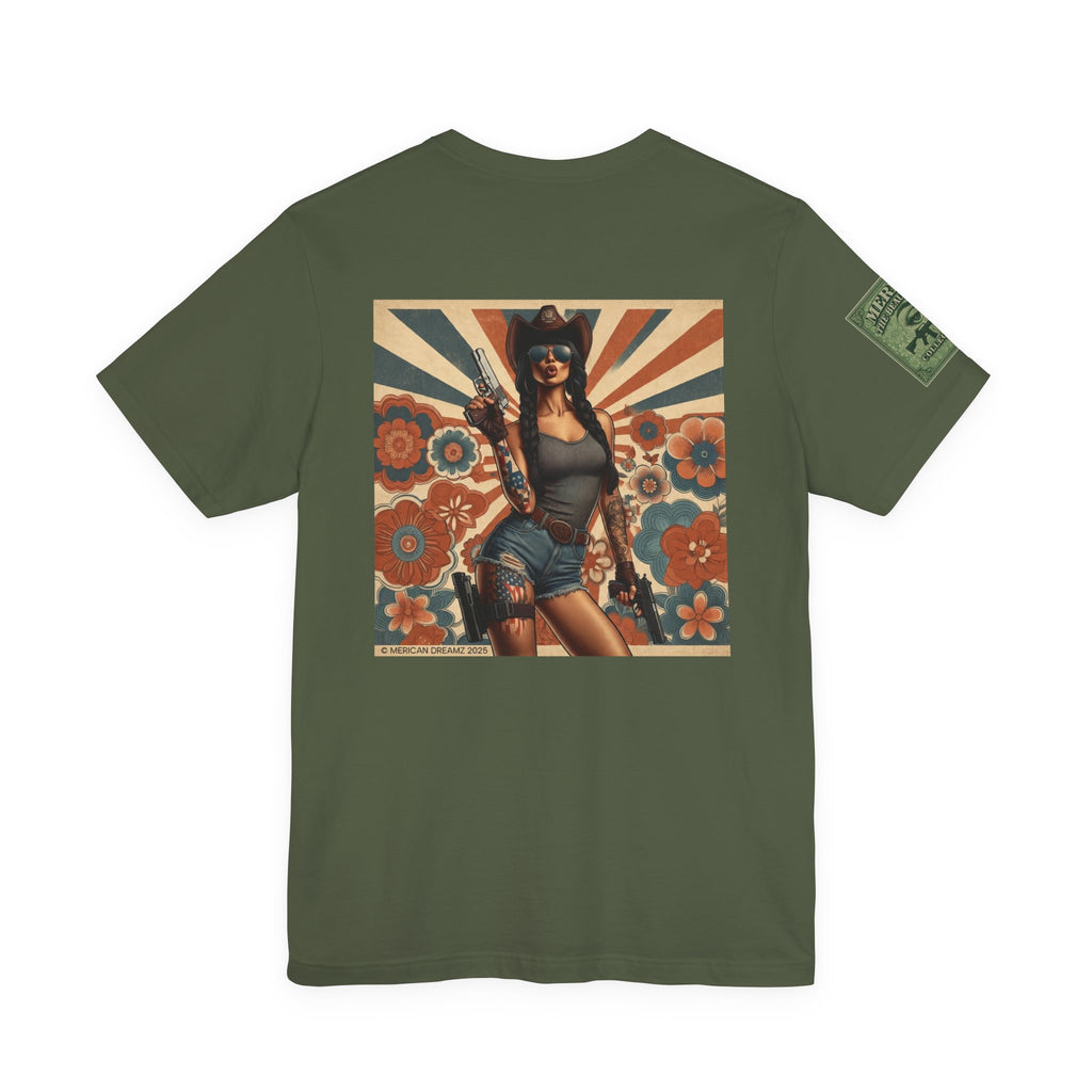 Graphic Short Sleeve Tee front and back — Retro Americana Pin-Up Cowgirls with 9mm Pistols