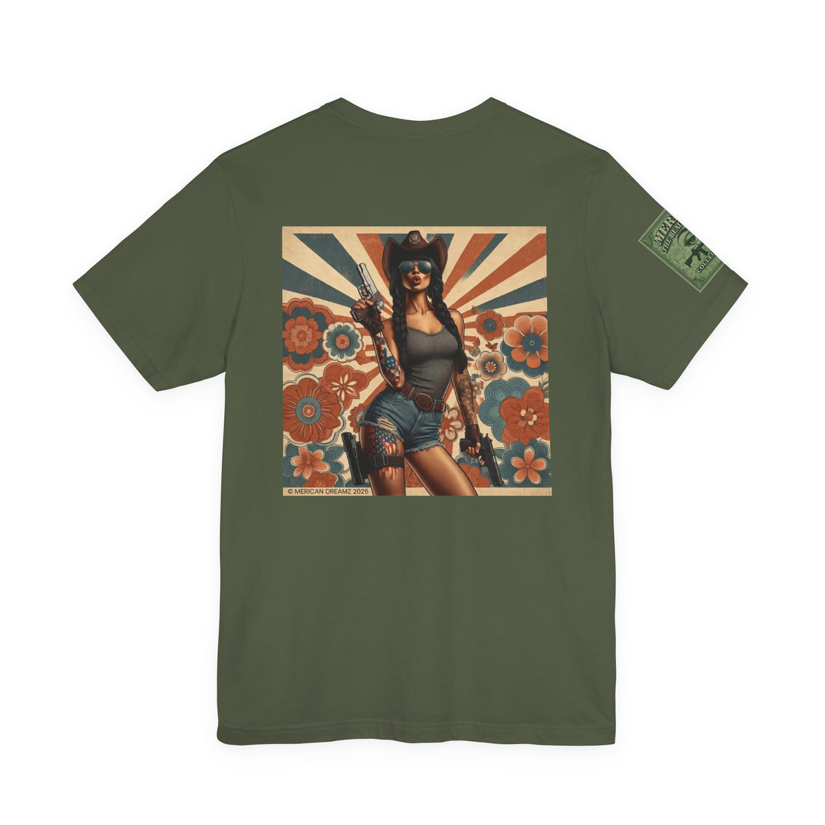 Graphic Short Sleeve Tee front and back — Retro Americana Pin-Up Cowgirls with 9mm Pistols