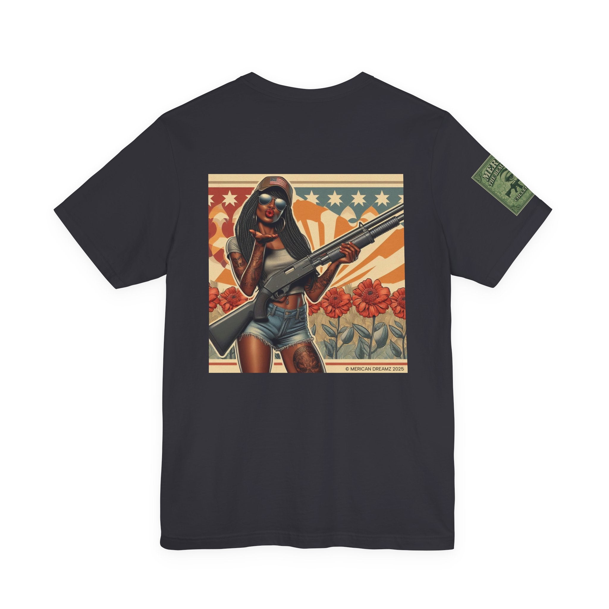 Graphic Short Sleeve Tee front and back — Retro Americana Pin-Up Cowgirls with 12 Gauge Shotguns