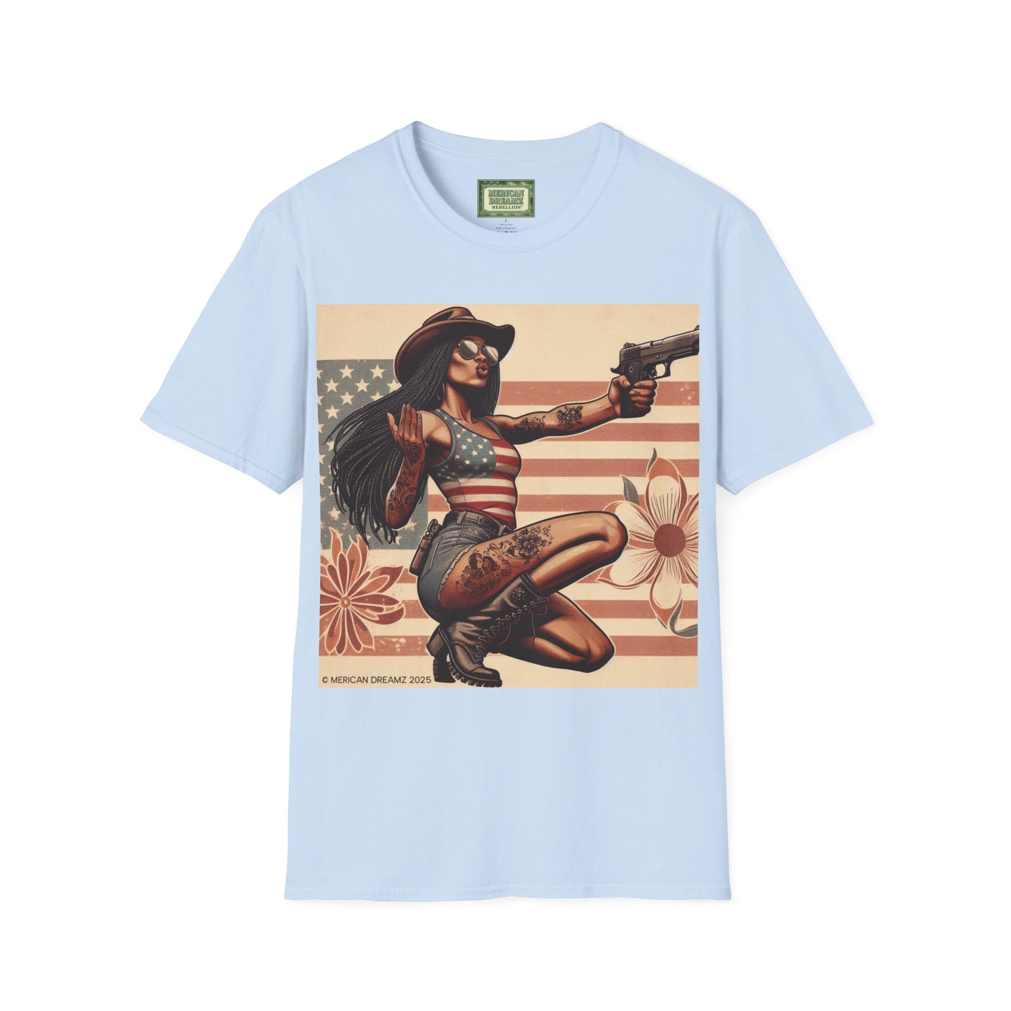 Pin-Up Americana T-Shirt — Retro Floral Gun Cowgirl Vintage Style (US Only)