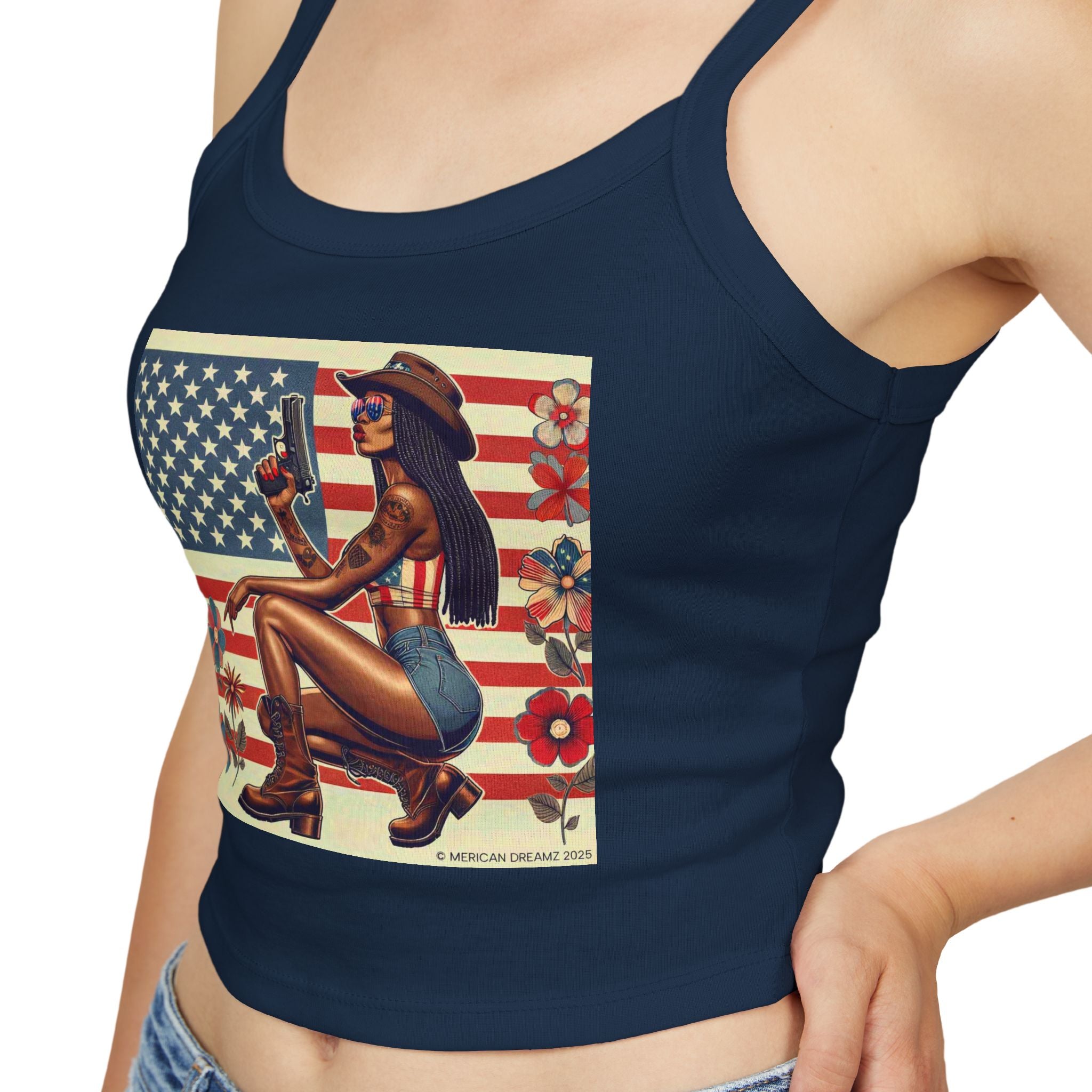 Retro Pinup Girl Tank Top — Vintage Flag & Floral Spaghetti Strap