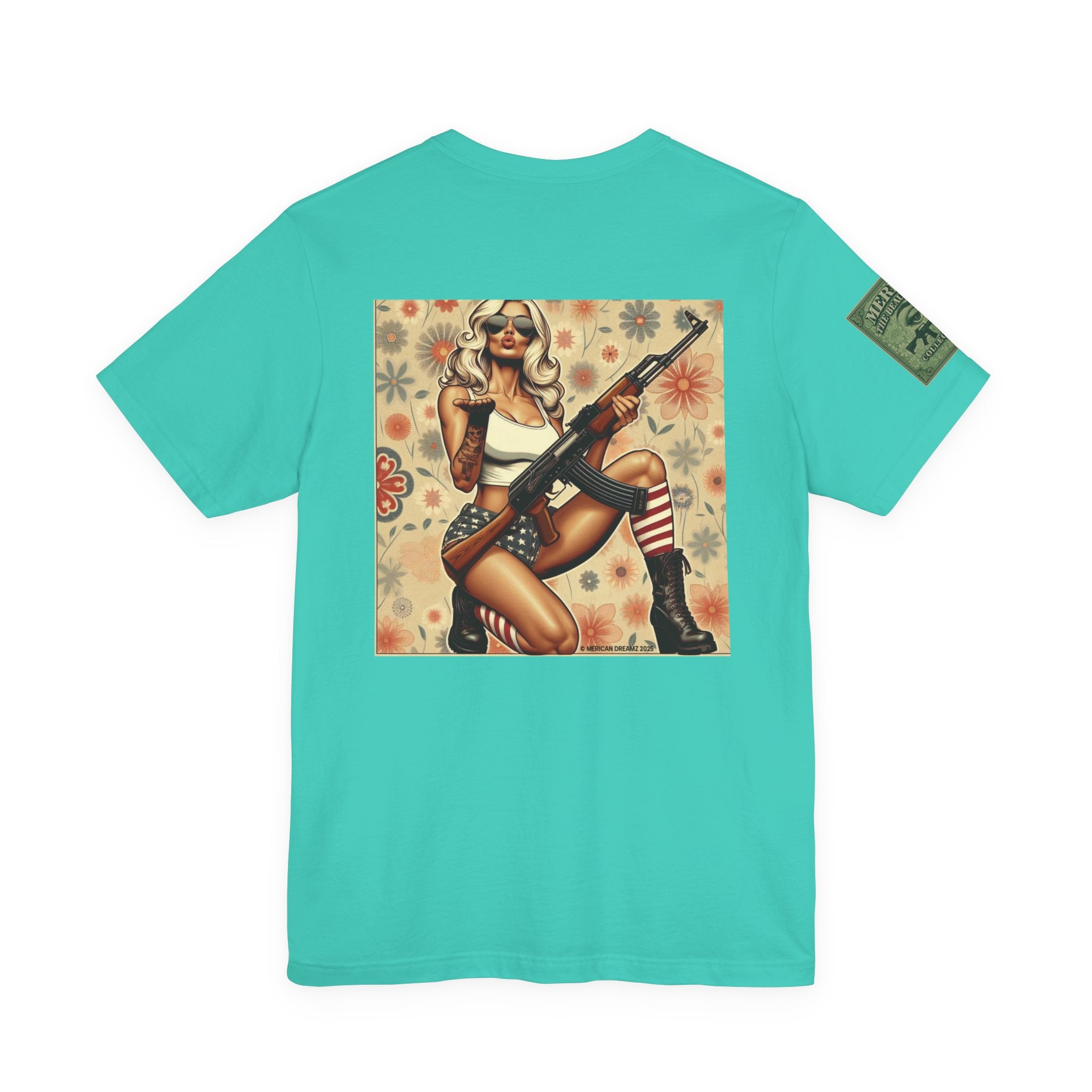 Graphic Short Sleeve Tee front and back — Retro Americana Pin-Up Girls with AK-47 Rifles